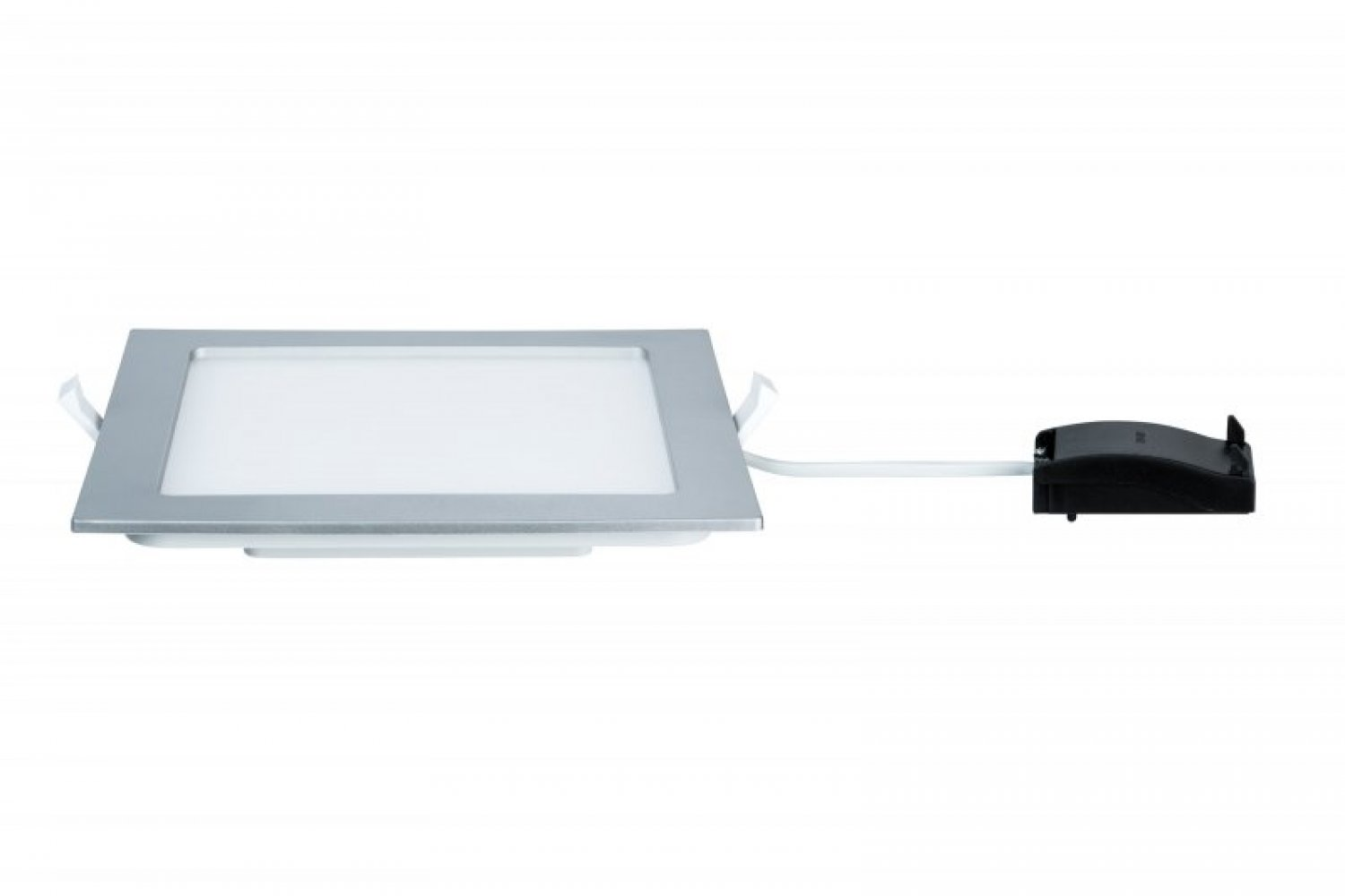 Pannello luminoso LED quadrato con cornice argentata e alimentatore nero separato.