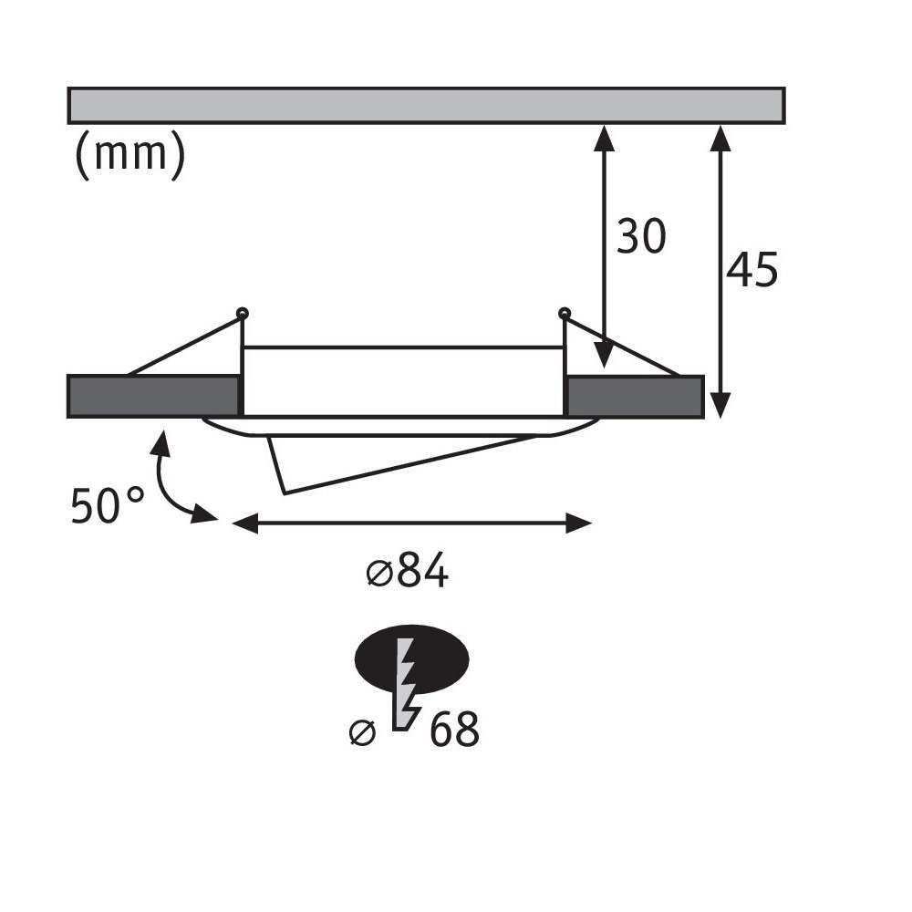 Diagramm mit Abmessungen und Messungen. Es zeigt die Größe einer Leuchte.