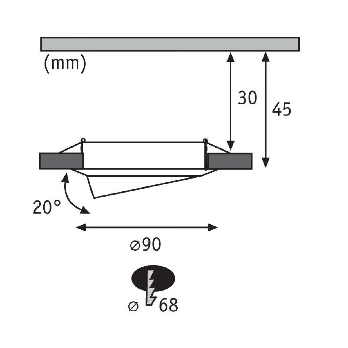 Diagramm einer Einbauleuchte mit Maßen und Winkeln.