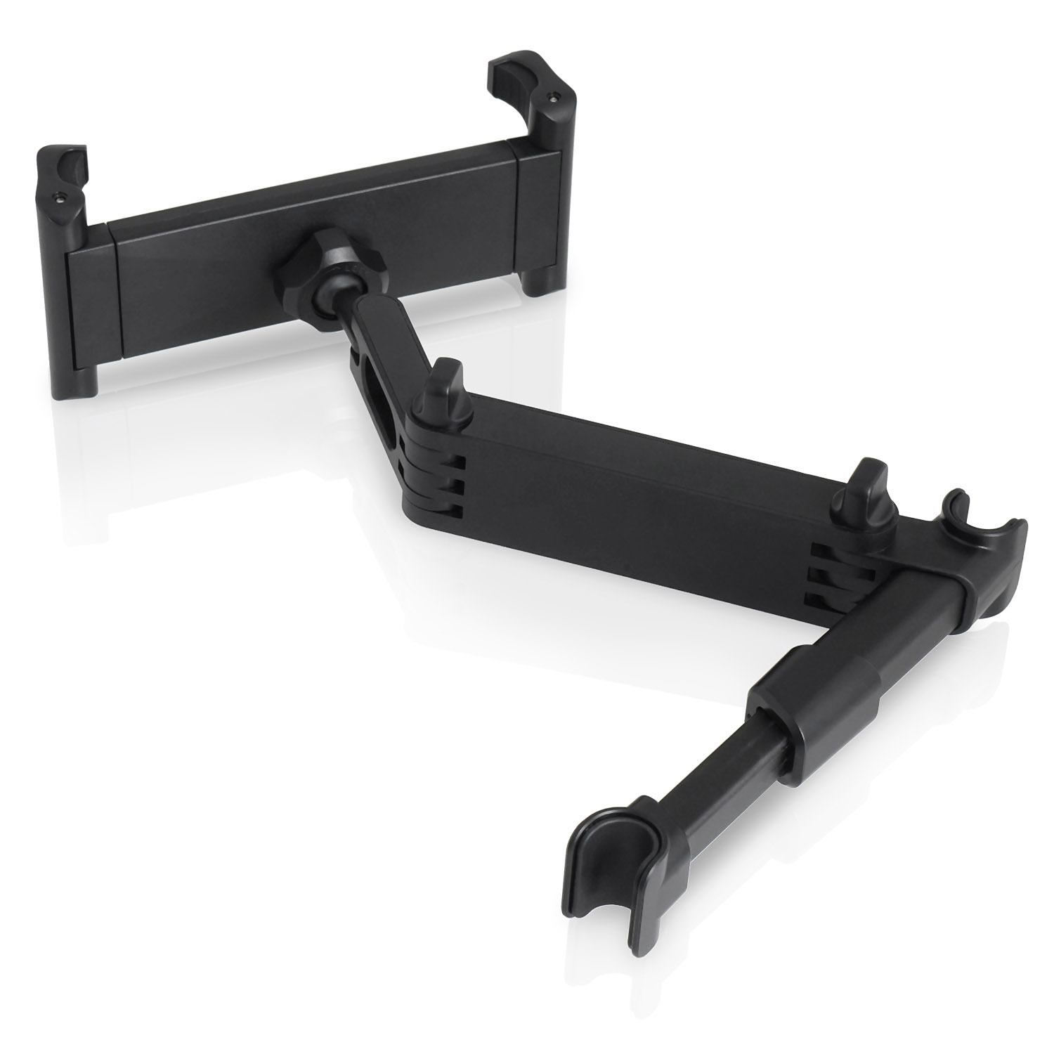Schwarzer Tablet-Halter für das Auto mit verstellbarem Arm, isoliert auf weißem Hintergrund.