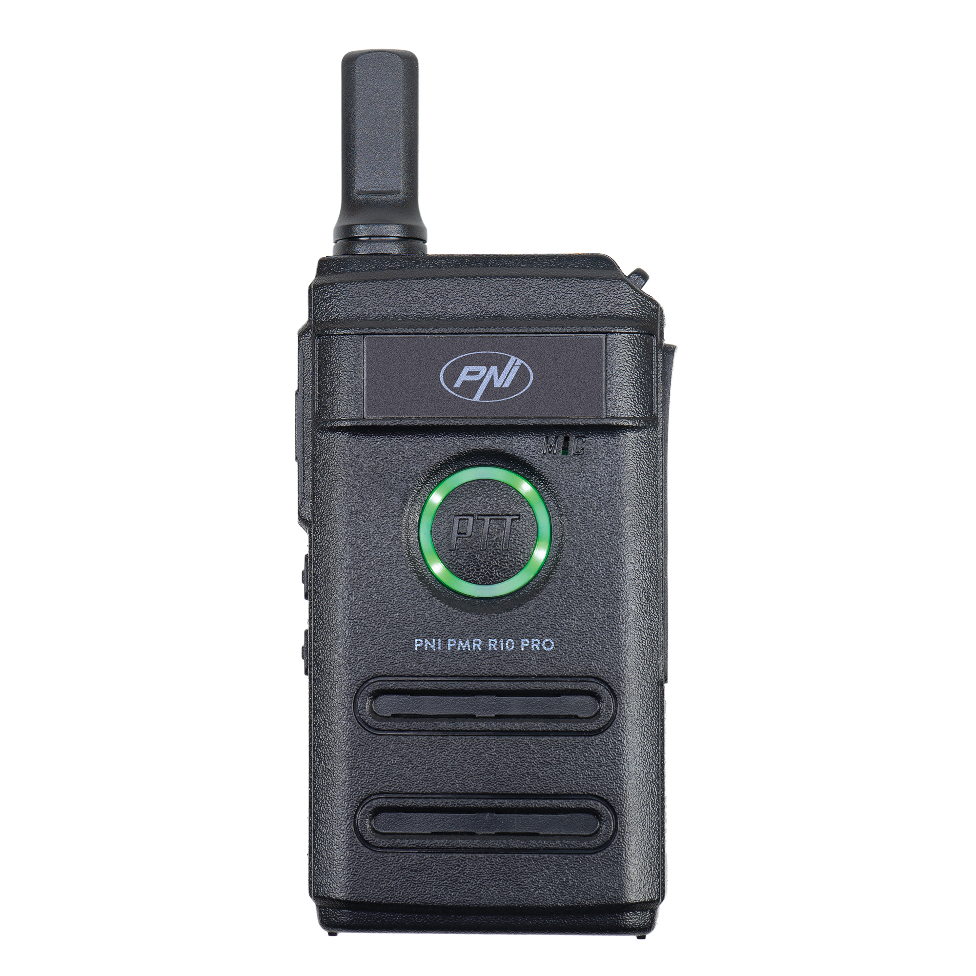 Schwarzes Walkie-Talkie mit PNI-Logo und grünem Knopf.