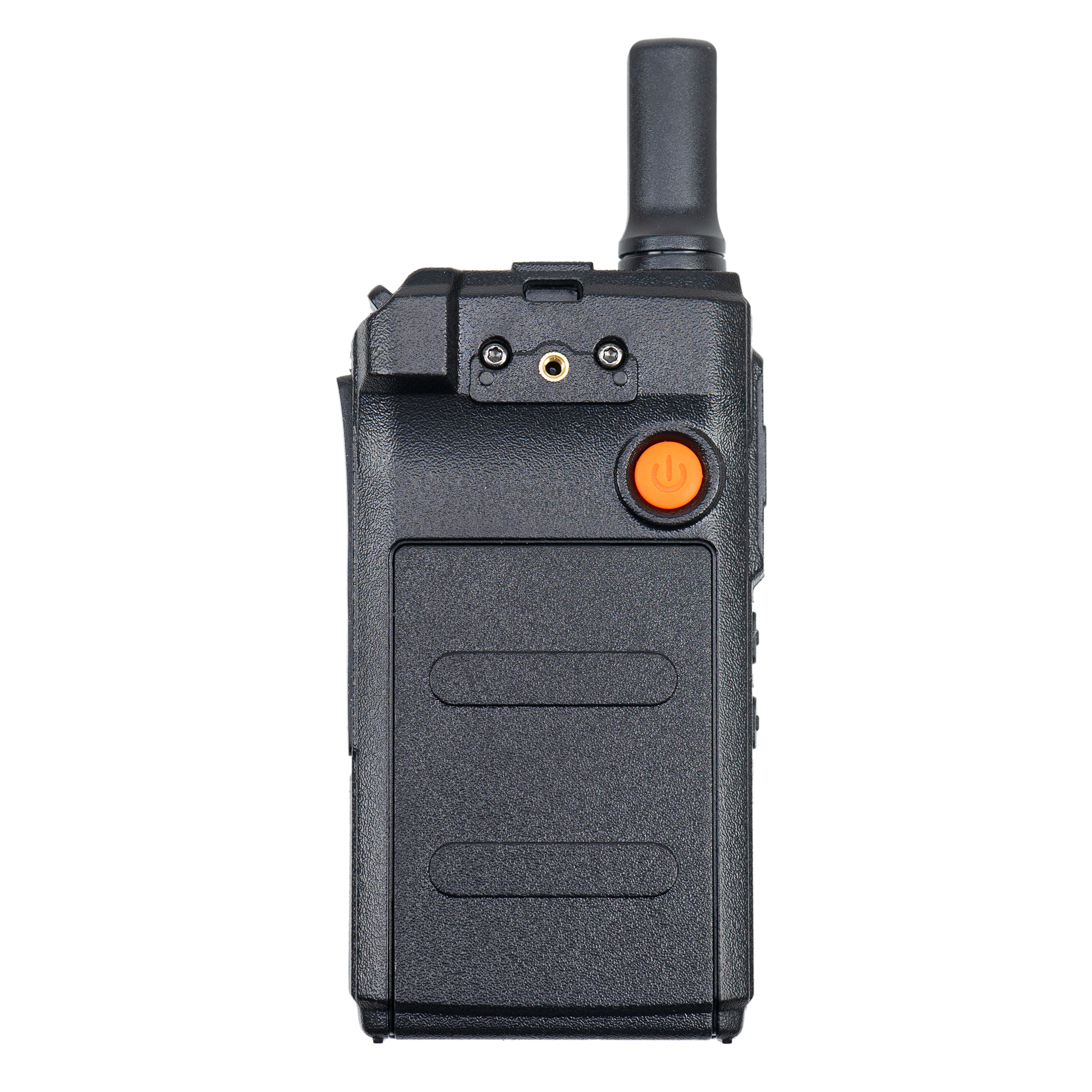Schwarzes Walkie-Talkie, orangefarbene Taste, Antenne und zwei Eingangsöffnungen oben, isoliert auf weißem Hintergrund.