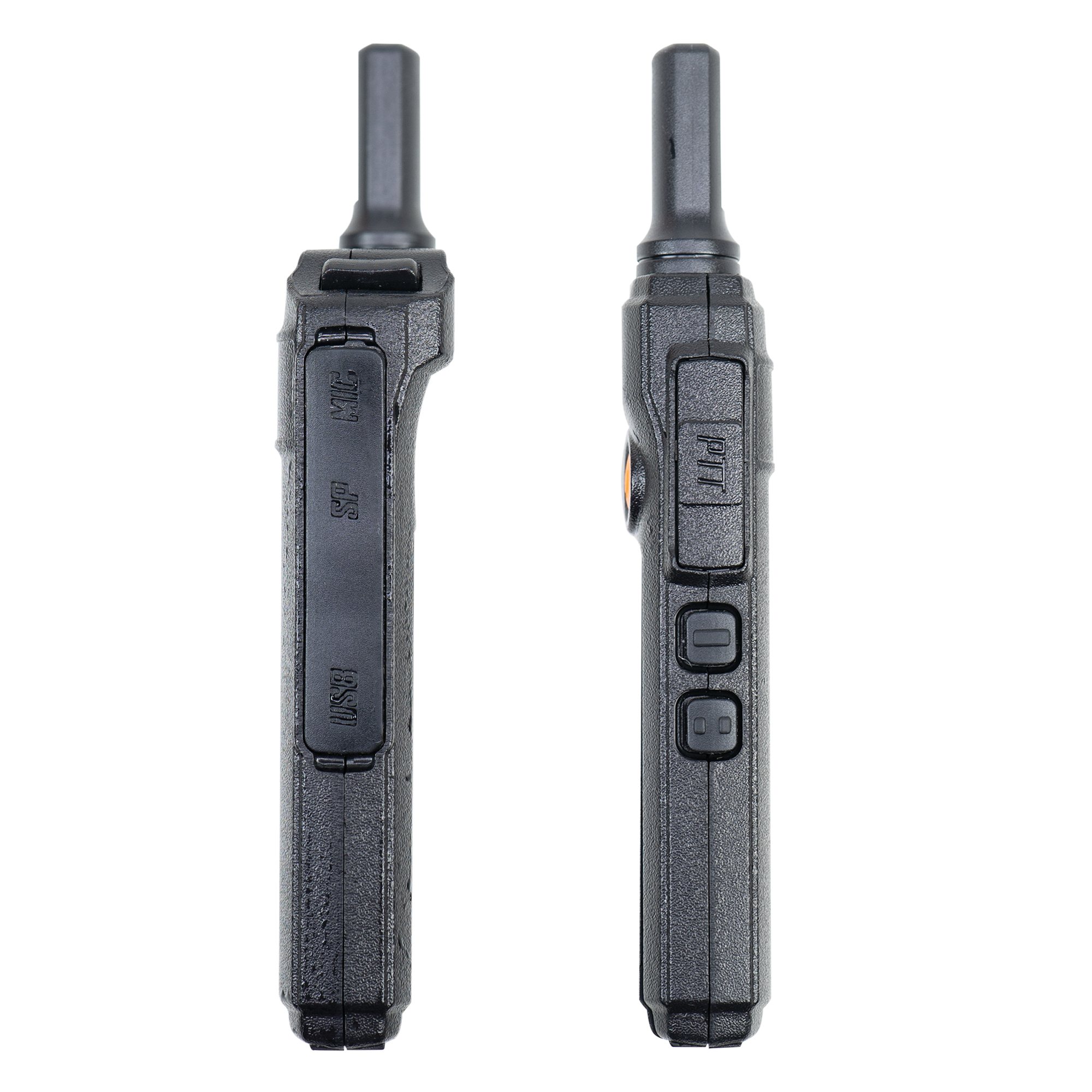 Zwei schwarze Walkie-Talkies, Seiten- und Vorderansicht, weißer Hintergrund.