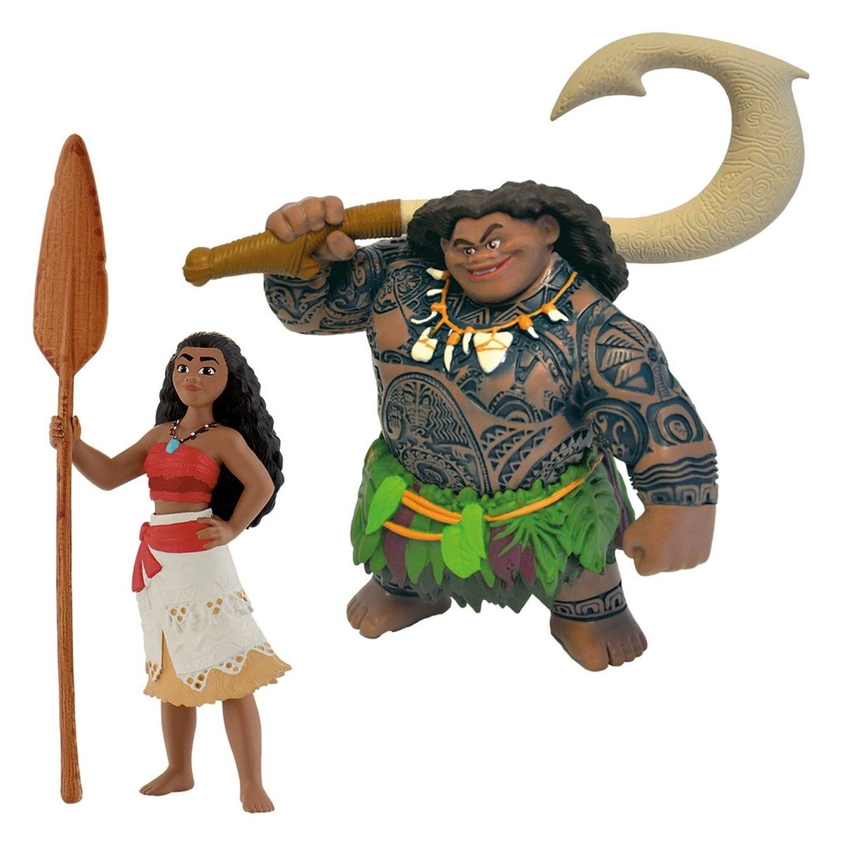 Moana und Maui Figuren. Moana hält ein Paddel. Maui hält einen Haken.