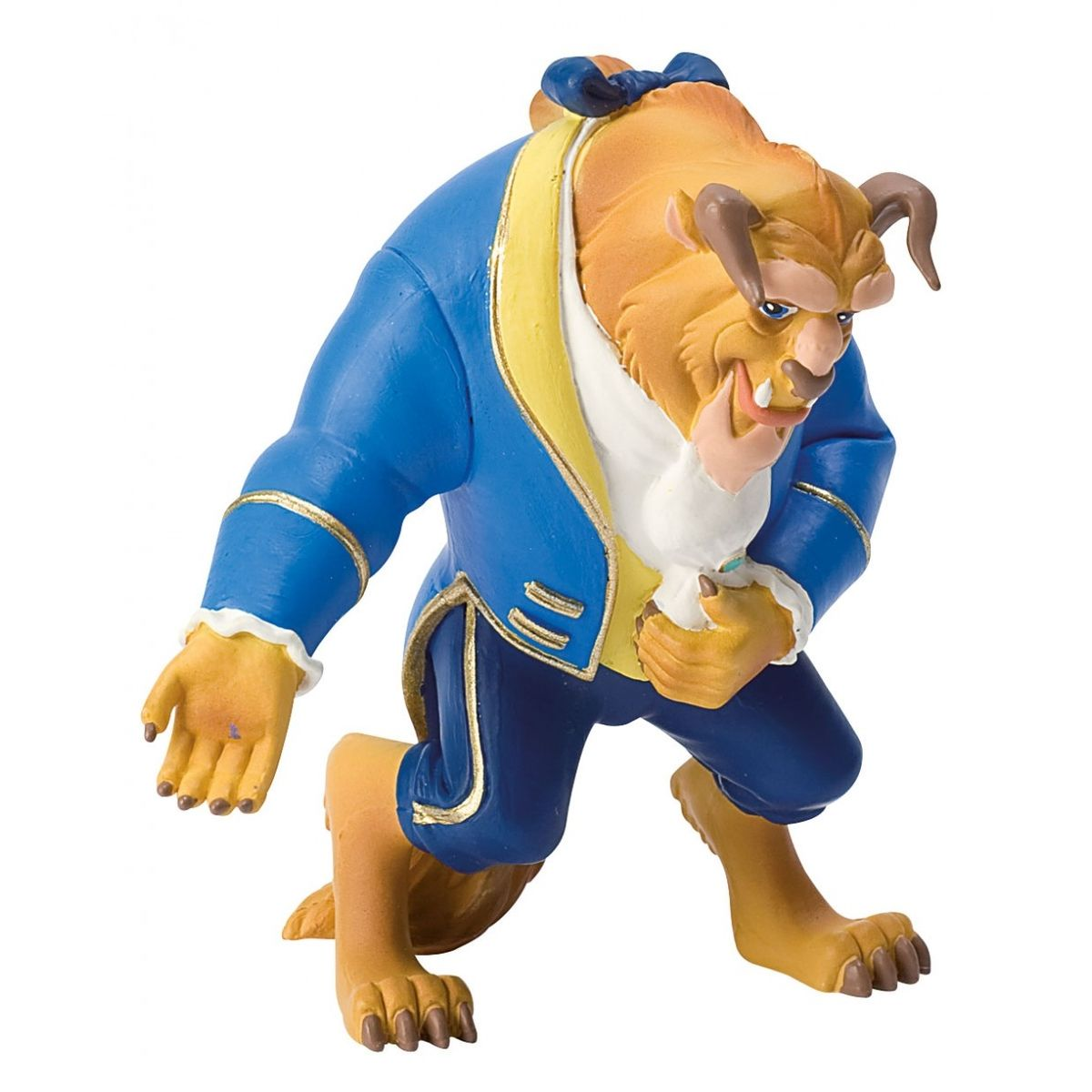 Una figura de Bestia de La Bella y la Bestia, con una chaqueta azul y pelaje dorado.