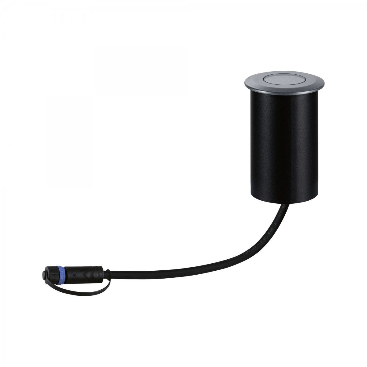 Eine schwarze, zylindrische Leuchte mit silbernem Deckel und schwarzem Kabel nach unten.