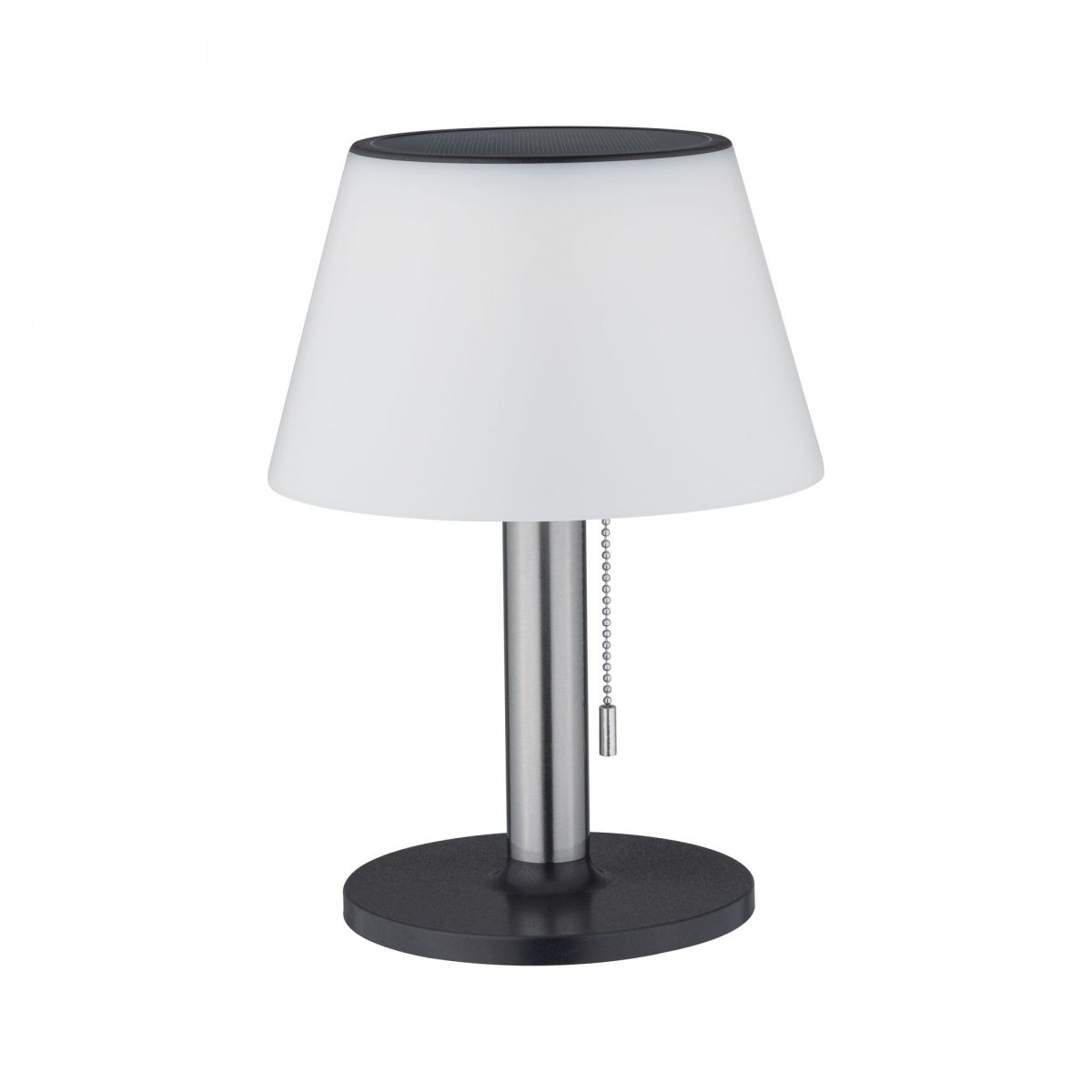 Biała lampa z czarną podstawą i górą, srebrnym trzonem i łańcuszkiem.