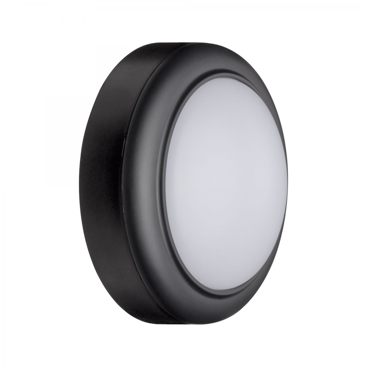 Czarna, okrągła lampa ścienna z białą powierzchnią emitującą światło.