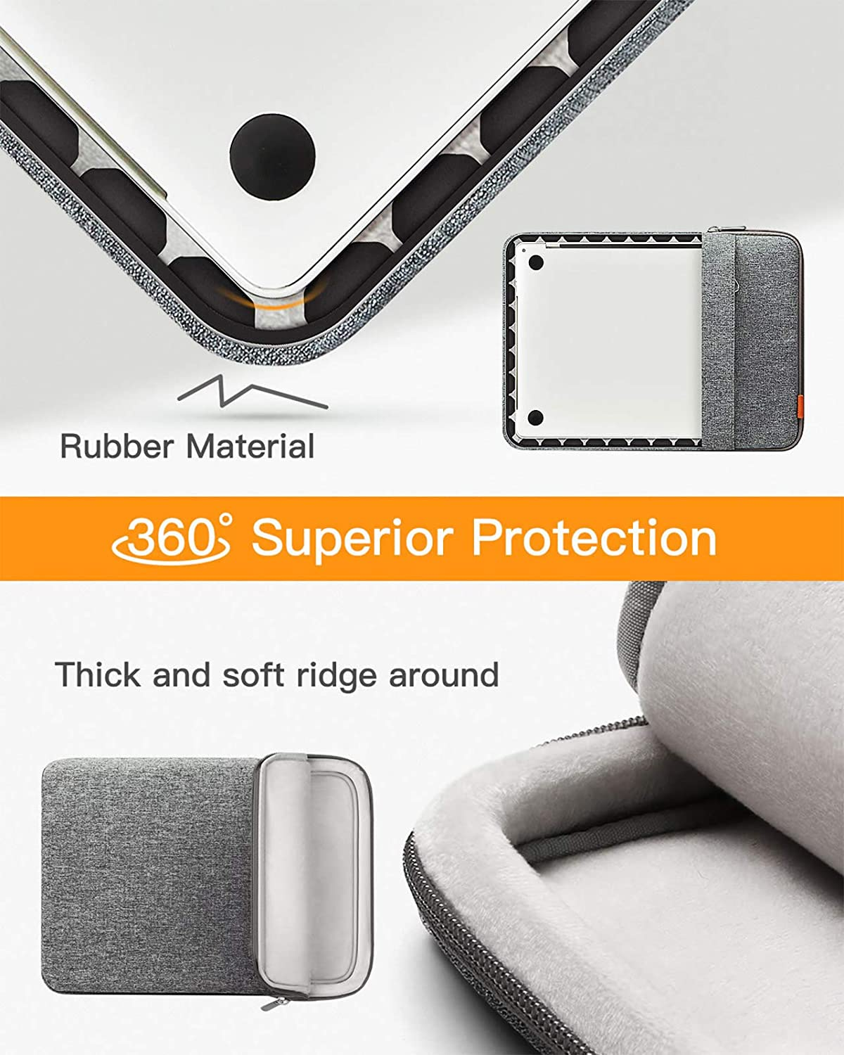 Graue Laptoptasche mit Gummimaterial und weichen Kanten, mit Laptop darin.