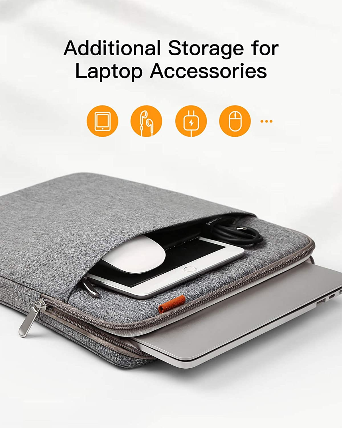 Eine graue Laptoptasche mit zusätzlichem Stauraum für Zubehör, einschließlich Tablet, Maus und Ladegerät.