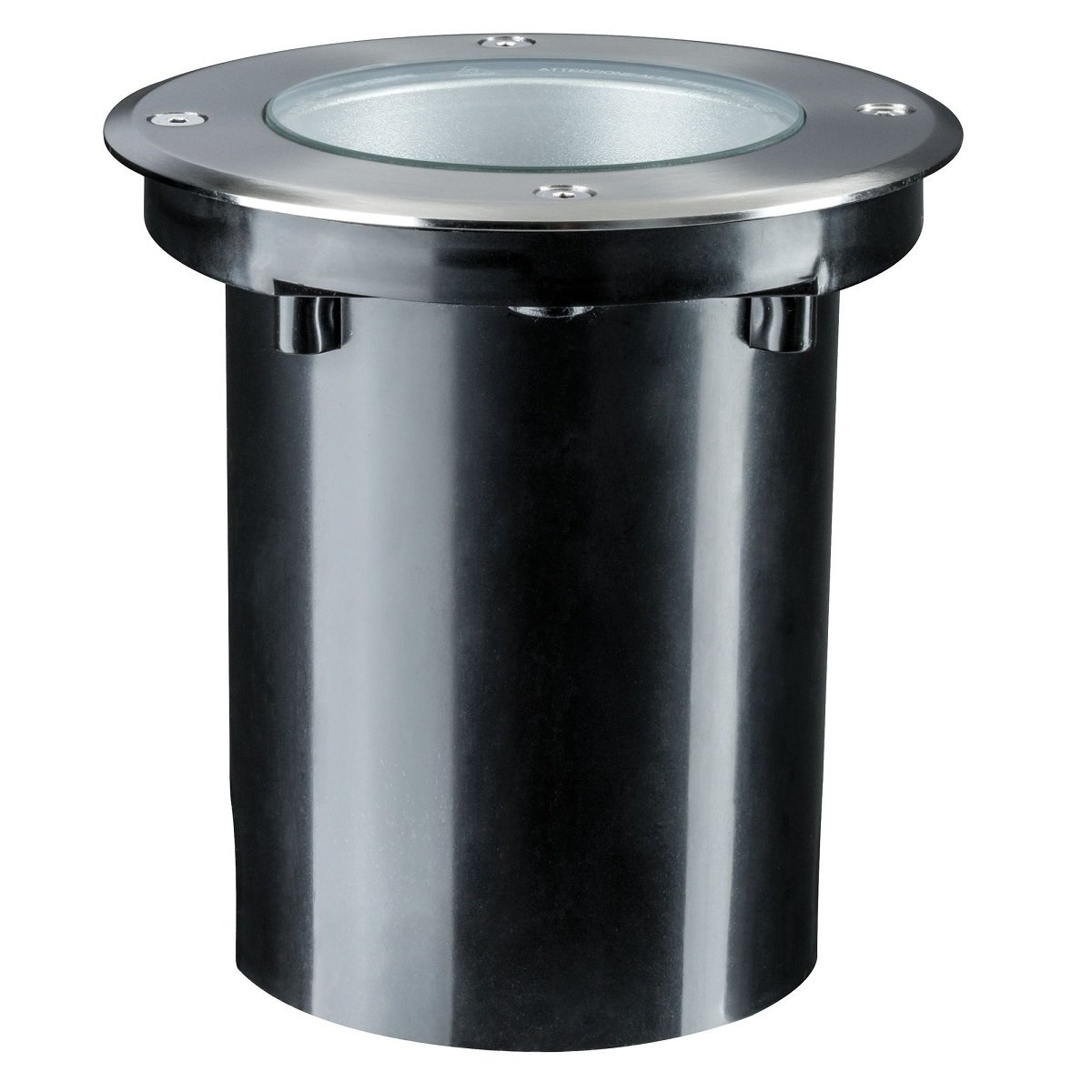 Czarna oprawa oświetleniowa zewnętrzna. Jest cylindryczna ze srebrną obwódką.