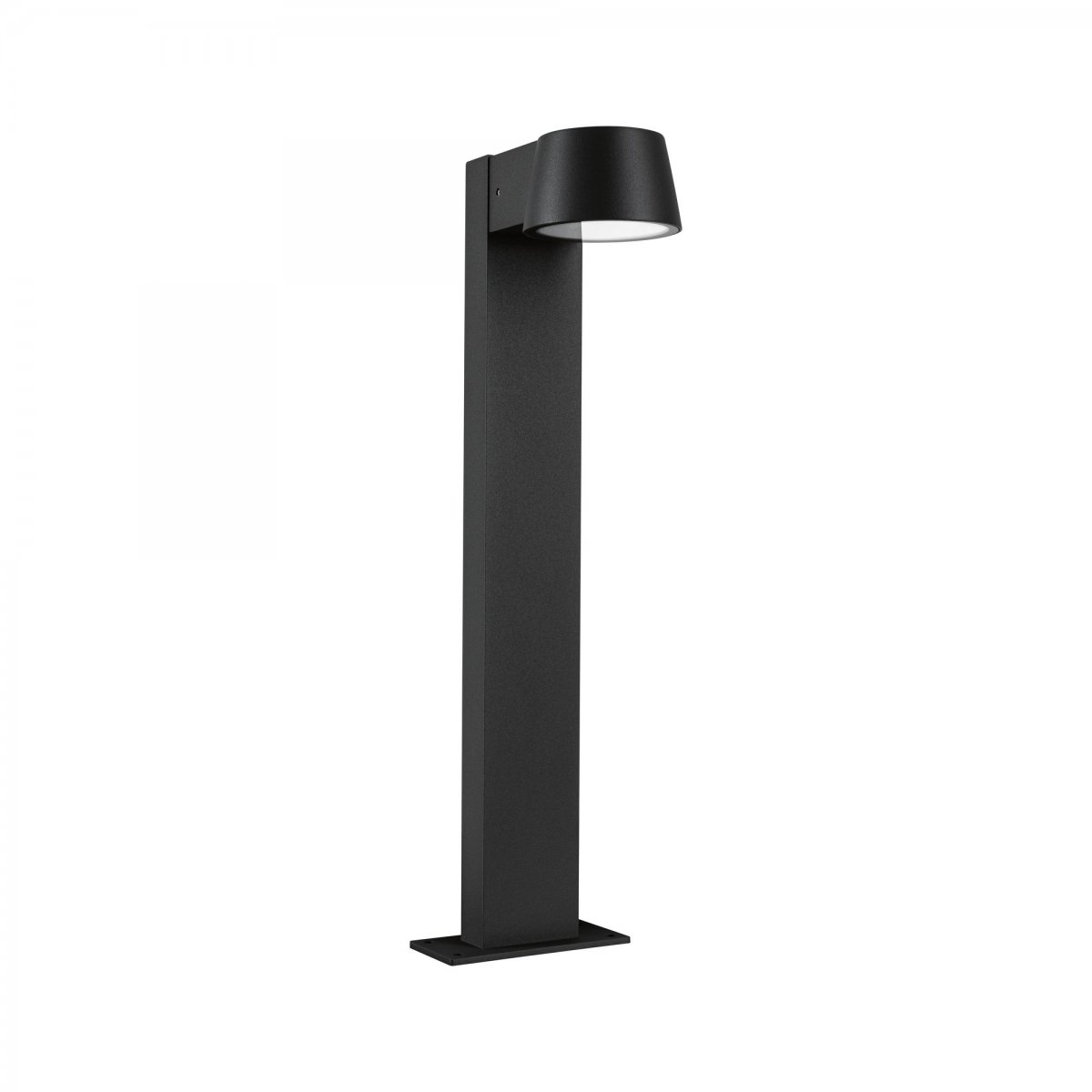 Czarny zewnętrzny słupek oświetleniowy ze światłem skierowanym w dół. Lampa stoi na czarnej podstawie.