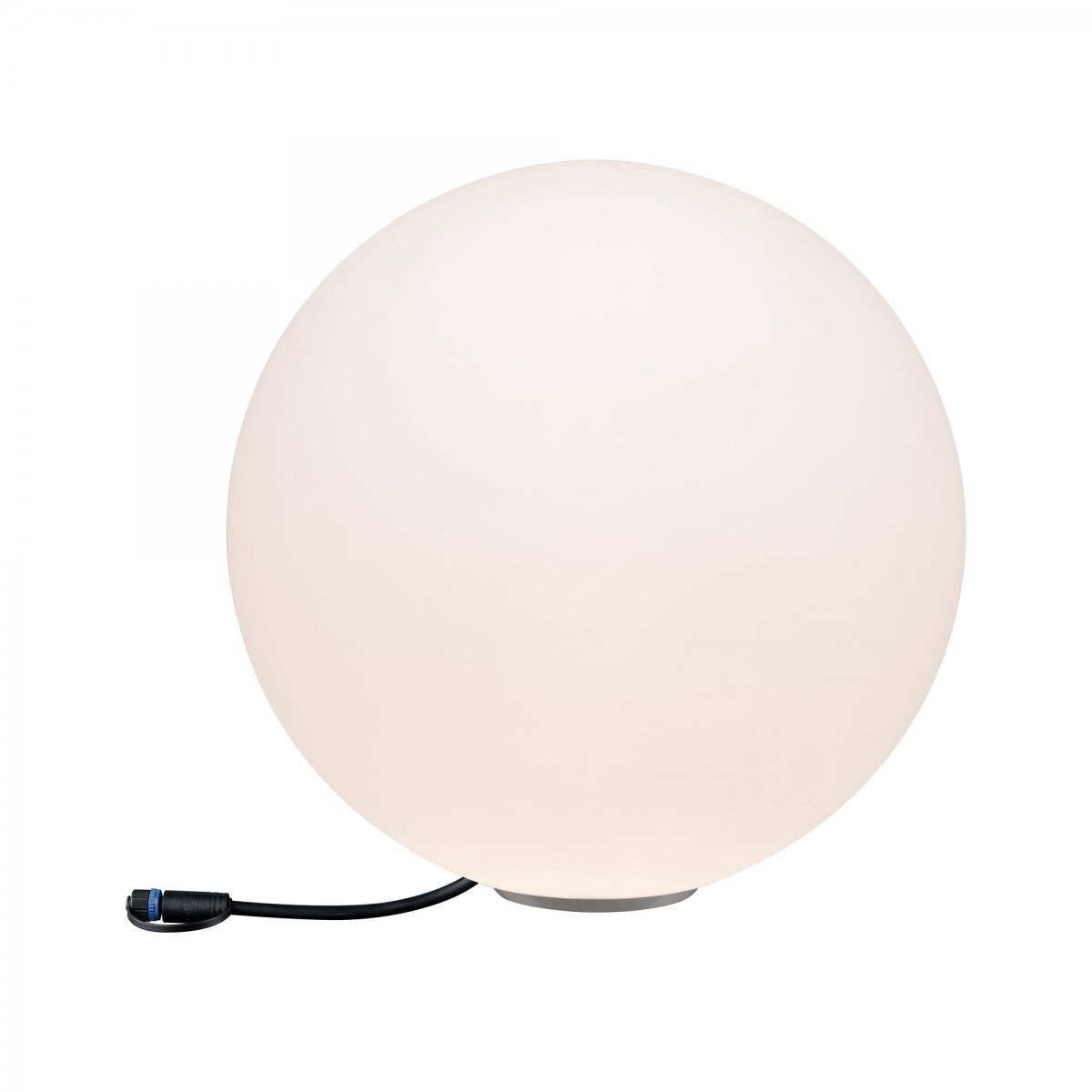 Weiß kugelförmige Lampe mit schwarzem Kabel, auf weißem Hintergrund.