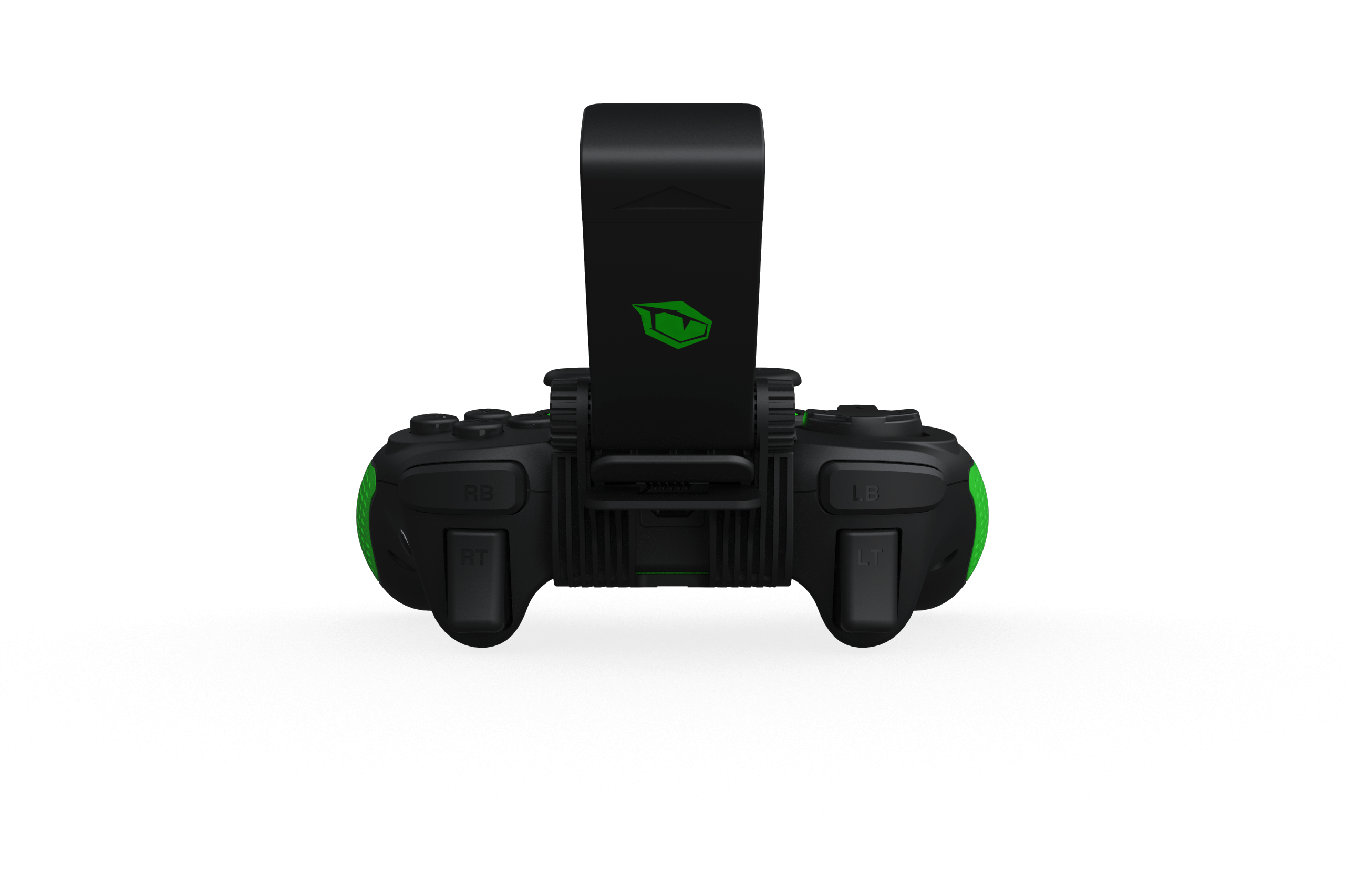 Schwarzer Gamecontroller mit grünen Akzenten und Telefonhalter. Schwarzer Hintergrund.