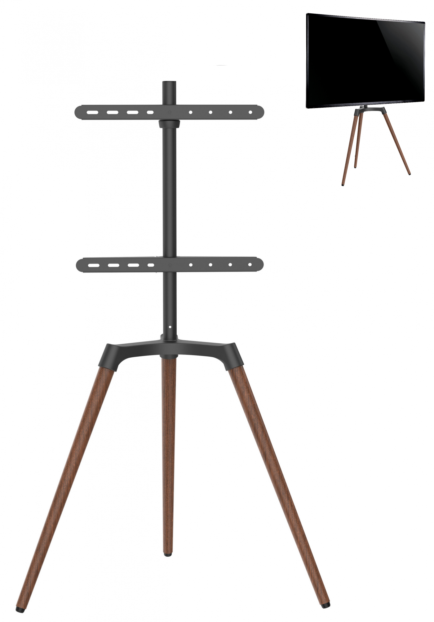 TV-standaard met houten poten en zwart frame met een tv. Witte achtergrond.