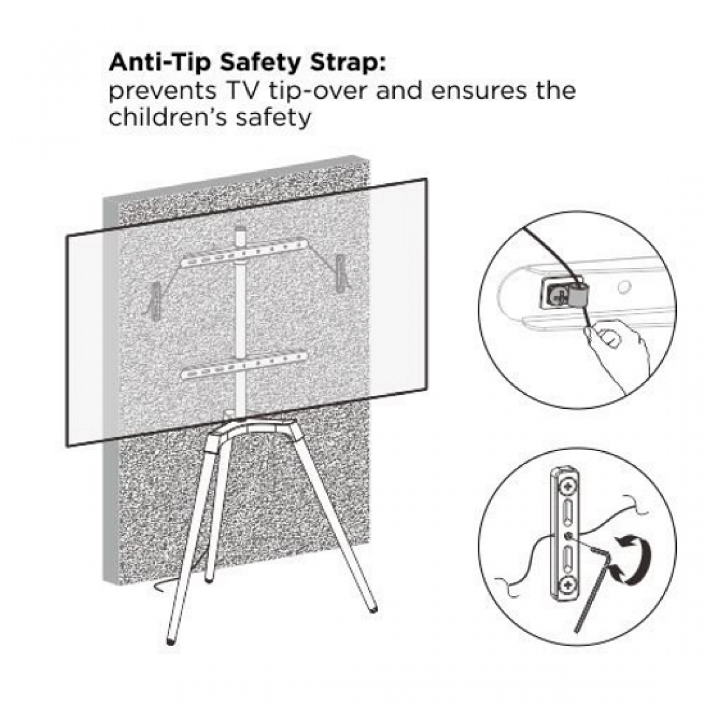 Diagram met een tv gemonteerd op een standaard, met instructies voor de veiligheidsriem. Witte achtergrond.