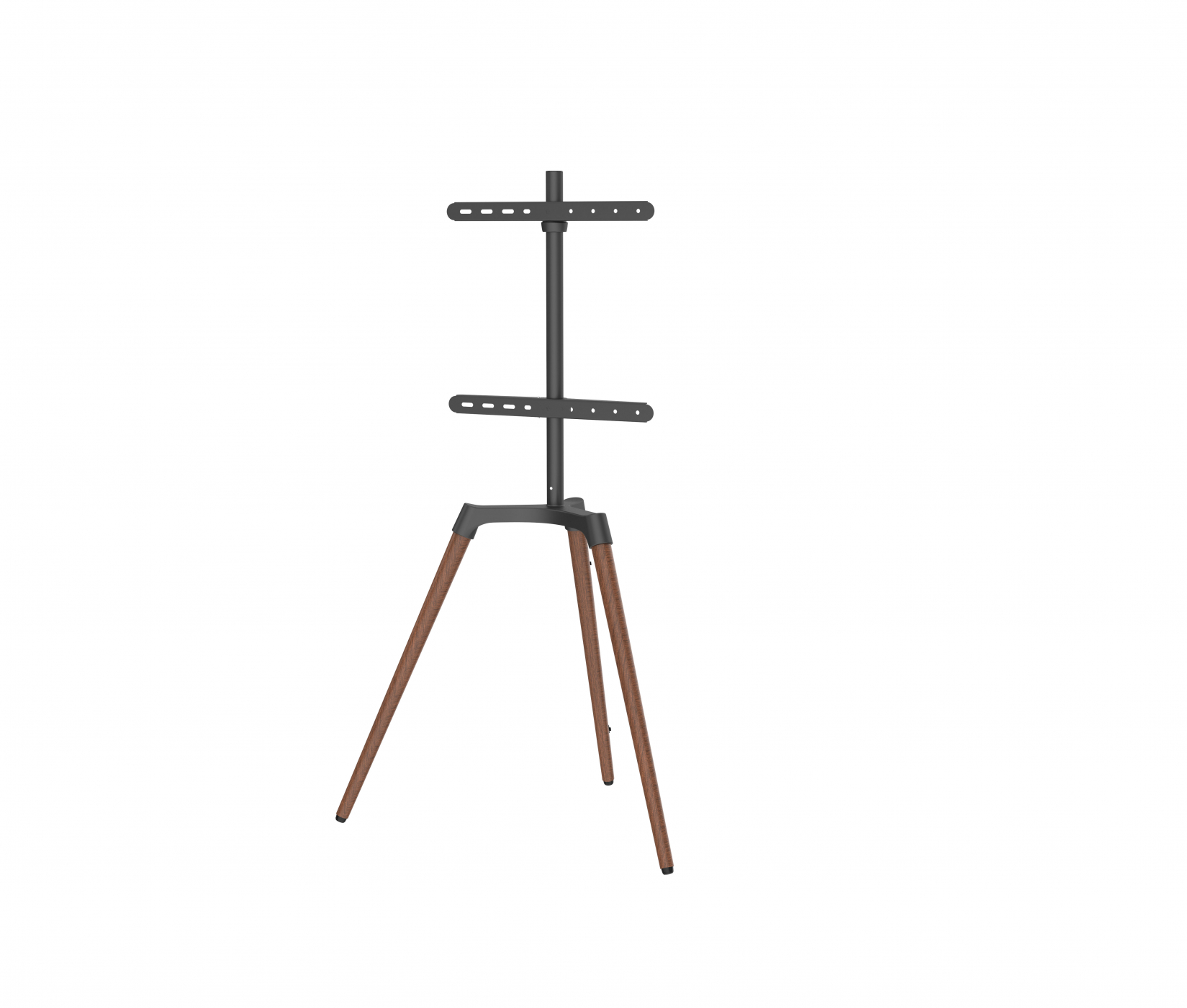 Houten statiefstandaard met een zwart metalen frame voor het weergeven van een monitor.