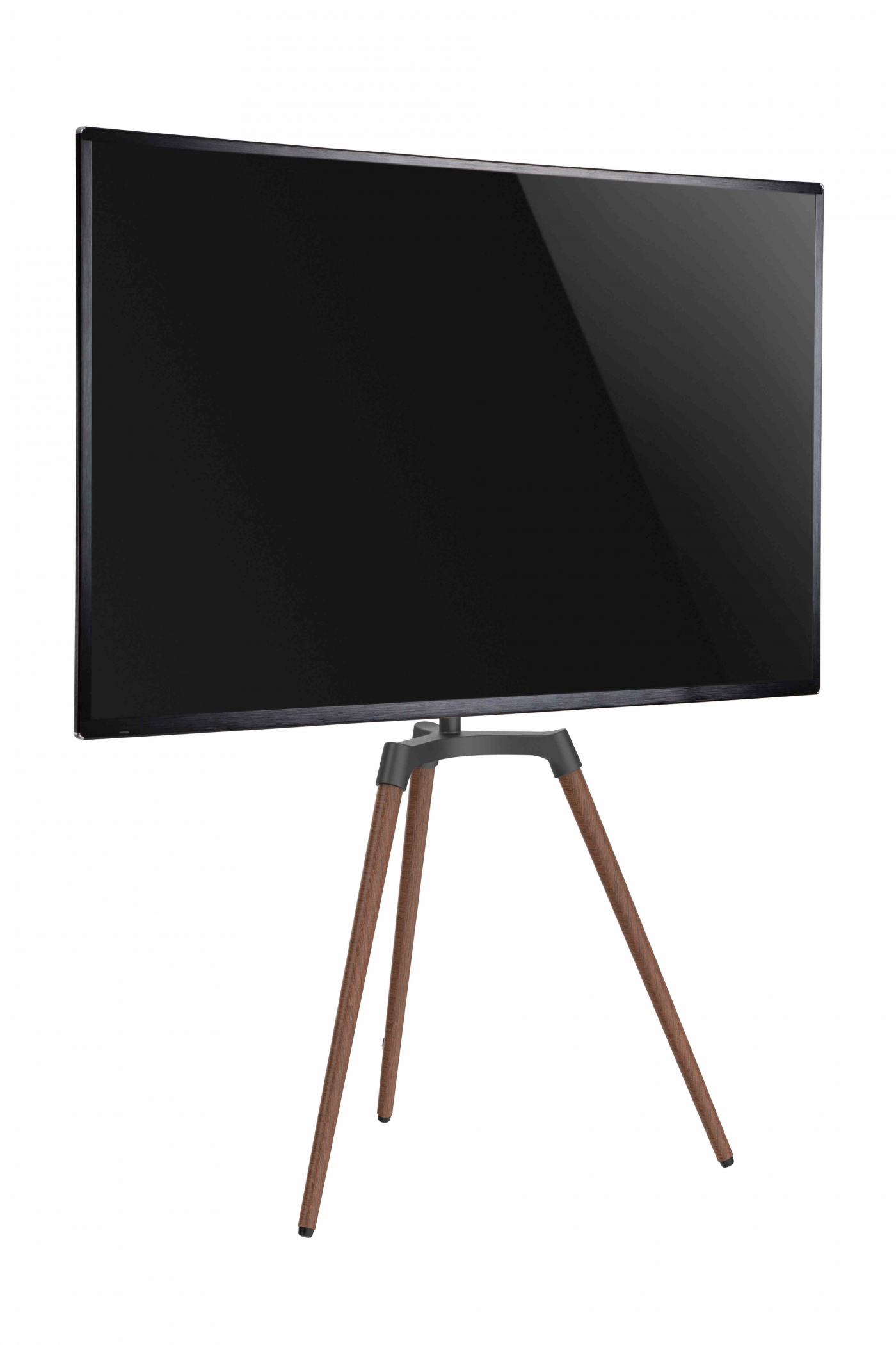 Grote zwarte tv op een houten statief. Het tv-scherm is leeg, met een donker frame.