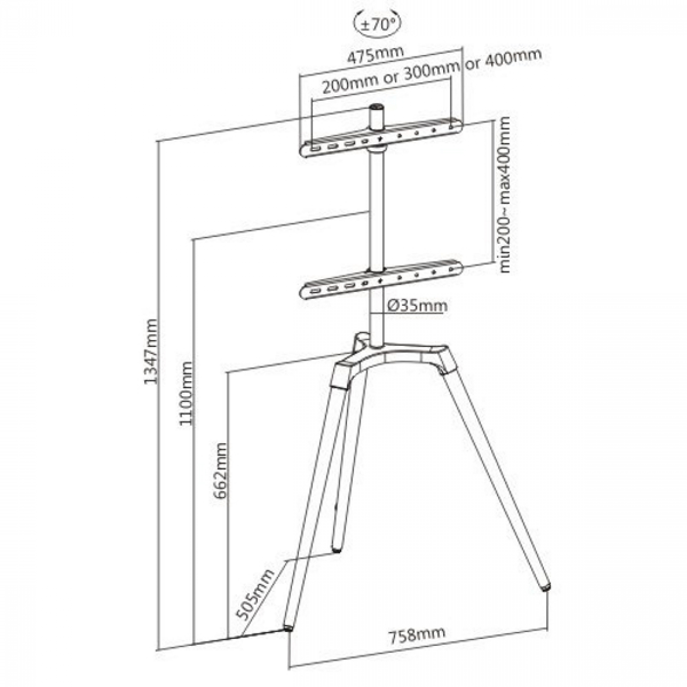 Diagram van een tv-standaard, met afmetingen en dimensies, op een witte achtergrond, technische tekening.