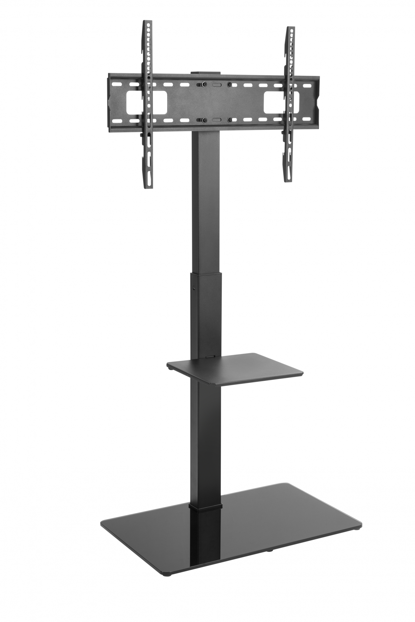 Ein schwarzer TV-Ständer mit flacher Basis, Ablage und Halterung für einen Fernseher.