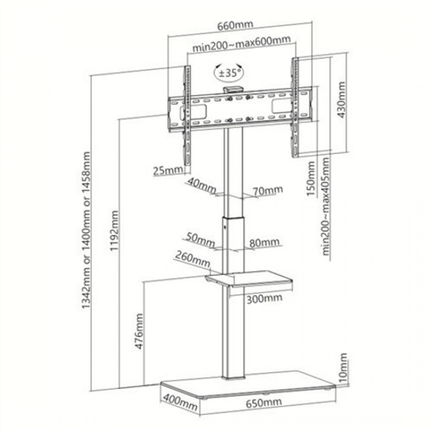 TV-Ständer-Diagramm mit Maßen in mm. Enthält Abmessungen für Basis, Regal und einstellbare Höhe.