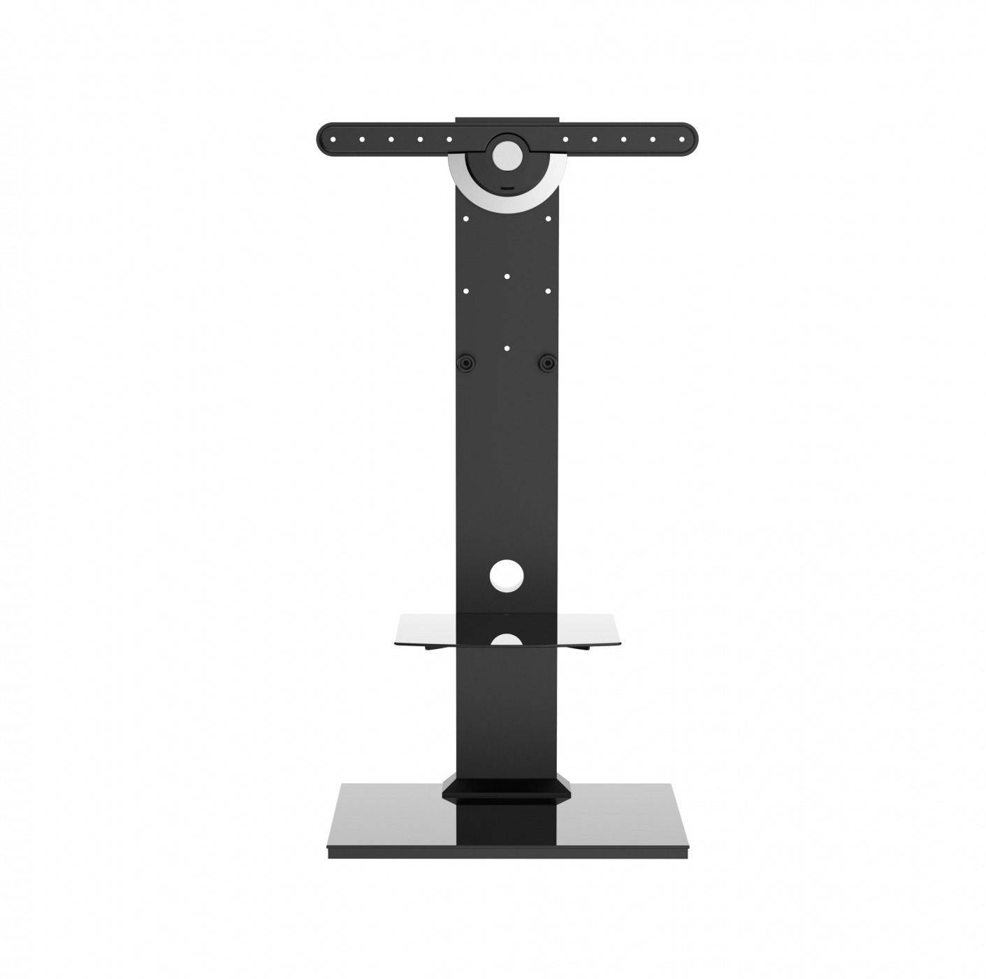 Ein schwarzer TV-Ständer mit vertikaler Säule, Glasböden und Sockel. Auf weißem Hintergrund isoliert.