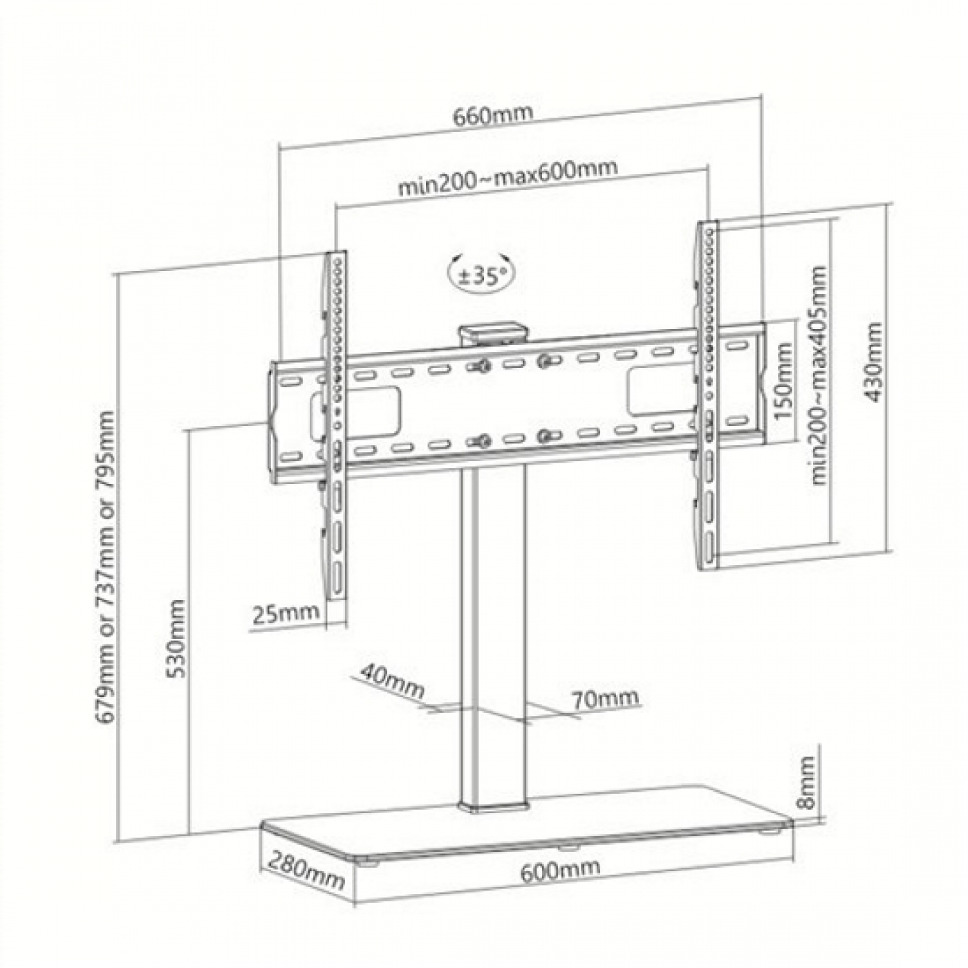 Diagramm eines TV-Ständers mit Abmessungen in Millimetern. Enthält Maße und Winkel.