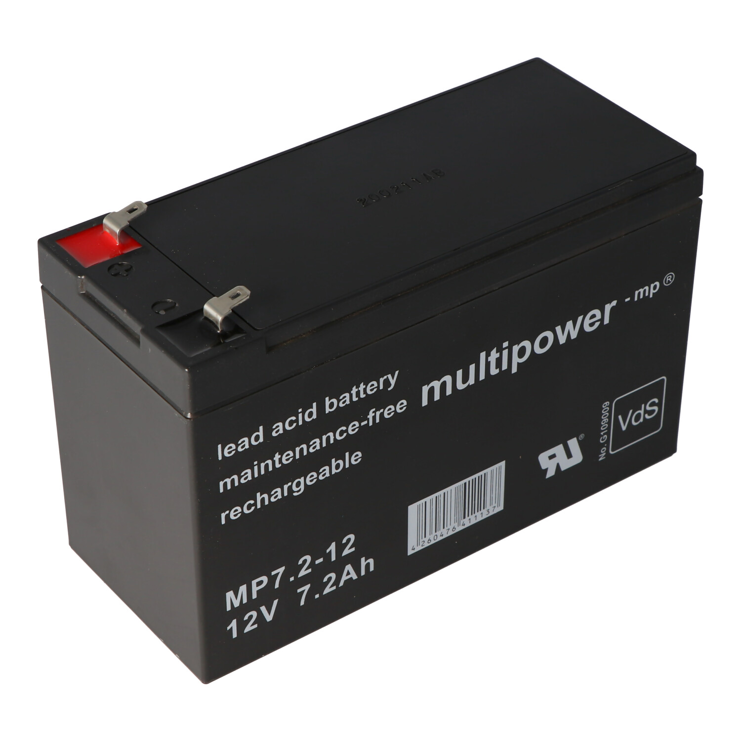 Schwarze rechteckige Batterie. Text darauf: Blei-Säure-Batterie, wartungsfrei, wiederaufladbar, und Multipower.