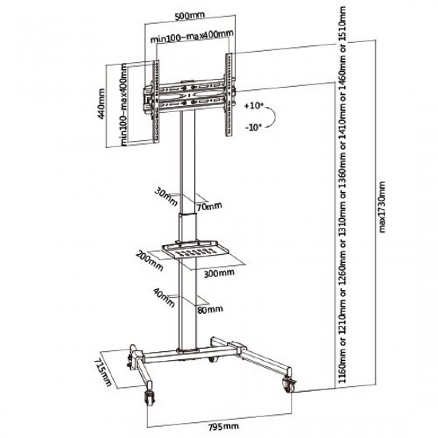 Diagramm eines TV-Ständers mit Abmessungen, einschließlich Höhe, Breite und Einstellungen.