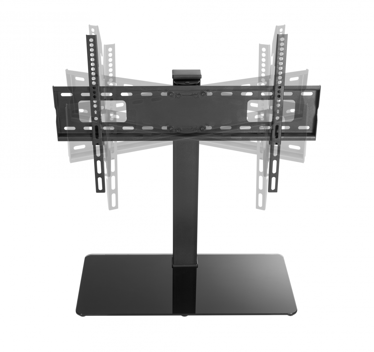 Ein schwarzer TV-Ständer mit verstellbarem Design. Der Ständer steht auf einem schwarzen Sockel.