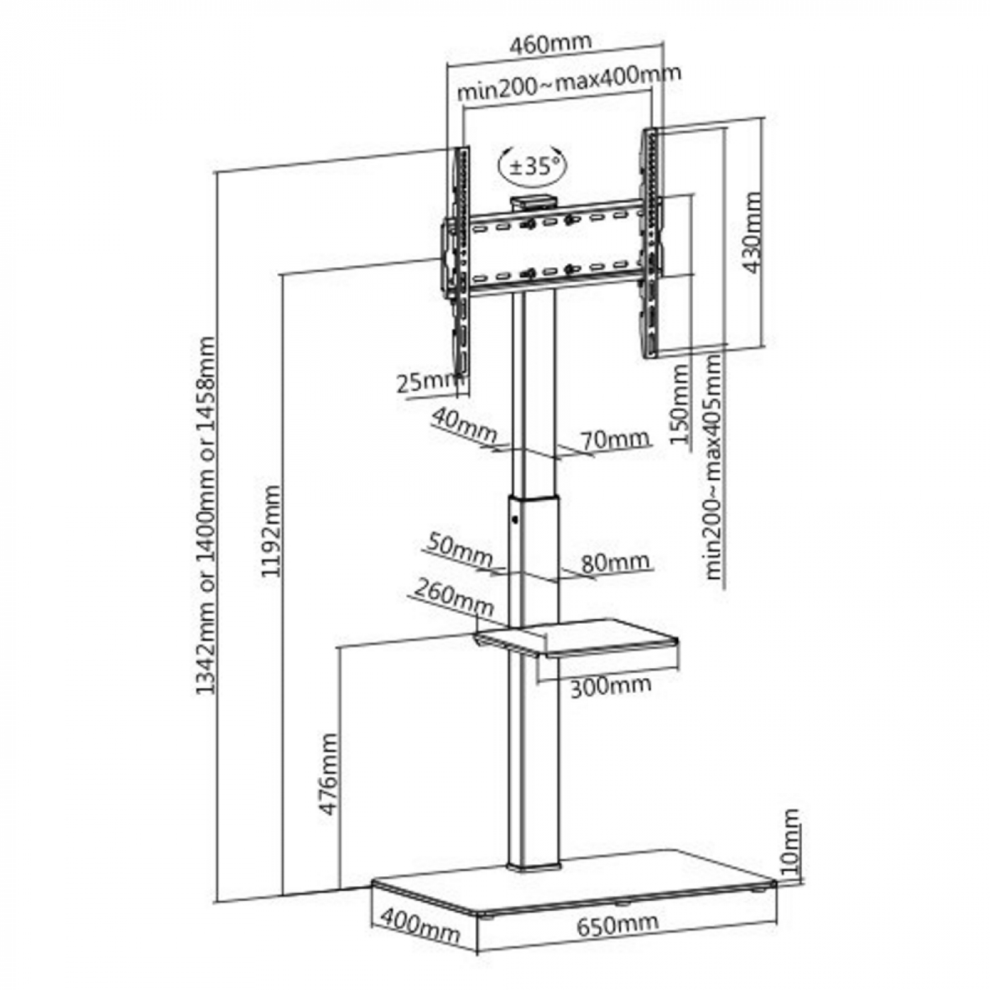 Diagramm eines TV-Ständers, das Abmessungen in Millimetern und Zoll anzeigt.
