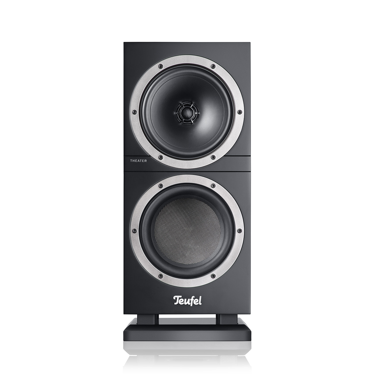 Schwarze Stereo-Lautsprecher mit silbernen Ringen. Der obere Lautsprecher ist kleiner, der untere größer.
