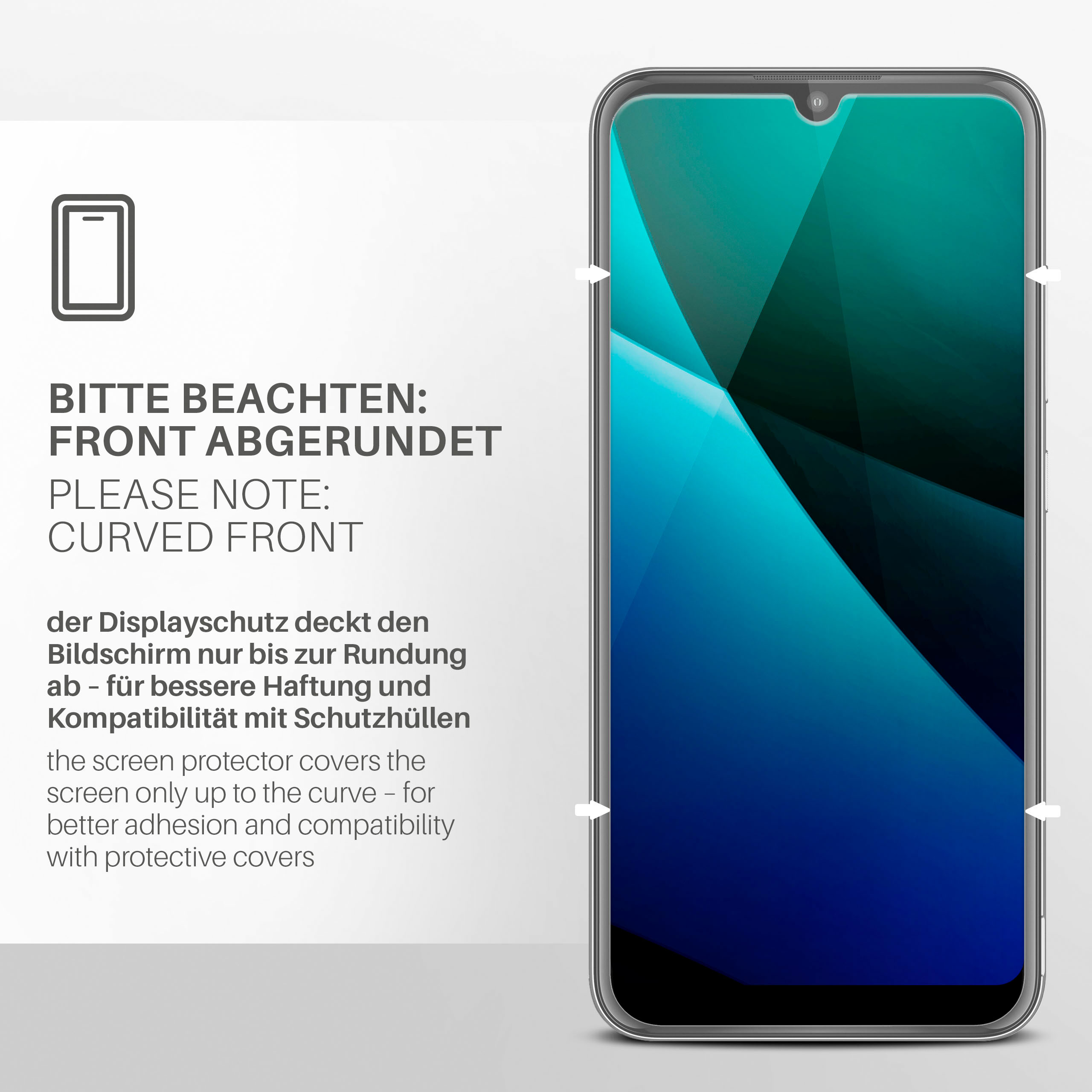 Ein Telefon mit Displayschutz, Text sagt gebogene Front, es bedeckt nur bis zur Krümmung für bessere Haftung.