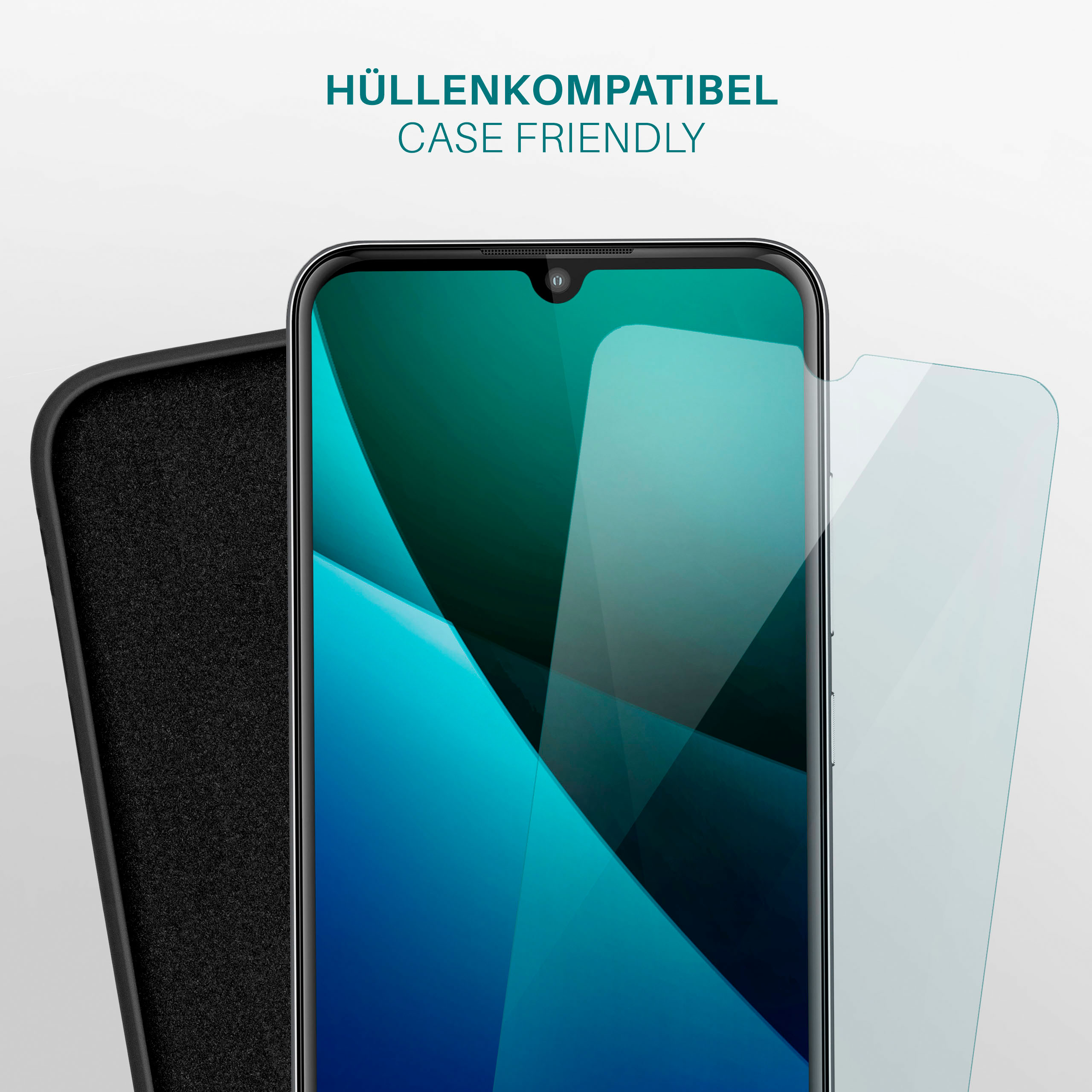 Telefon mit Displayschutz und Hülle. Hülle ist schwarz, Telefon ist schwarz und blau. Text: Case Friendly.