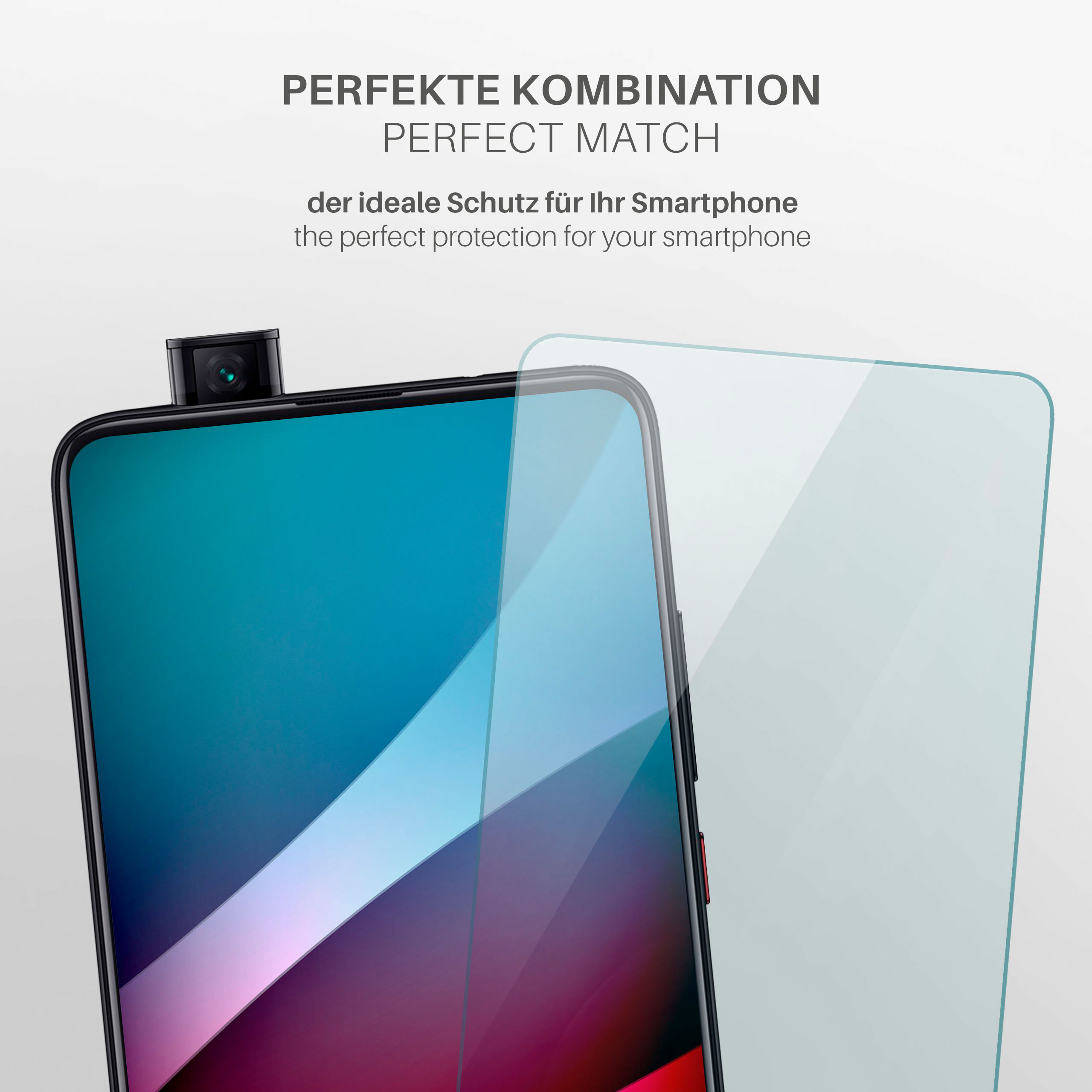 Ein Telefon mit Displayschutzfolie wird gezeigt. Der Displayschutz wird neben dem Telefon gezeigt.