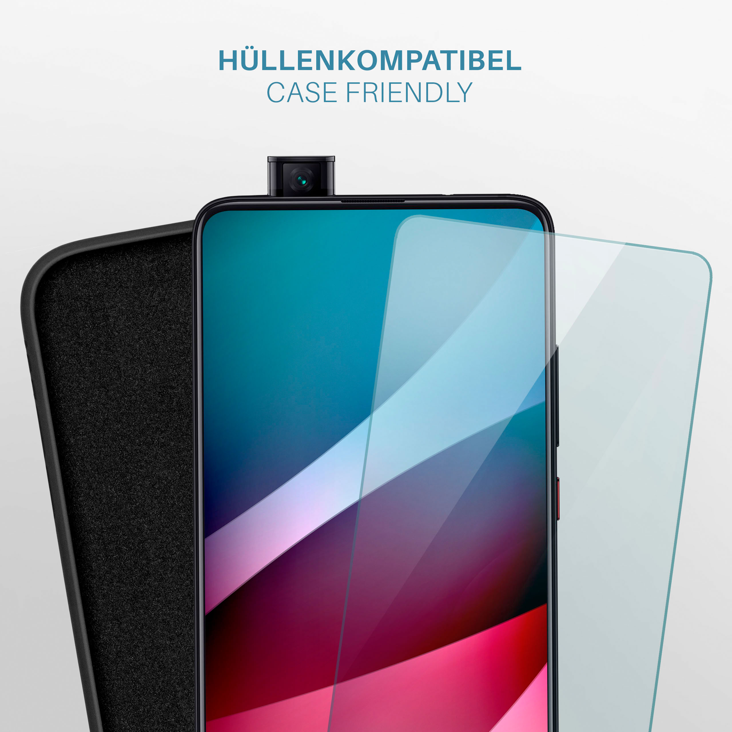 Telefonbildschirm mit Displayschutzfolie, nah an einer schwarzen Hülle auf weißem Hintergrund. Case friendly Text sichtbar.