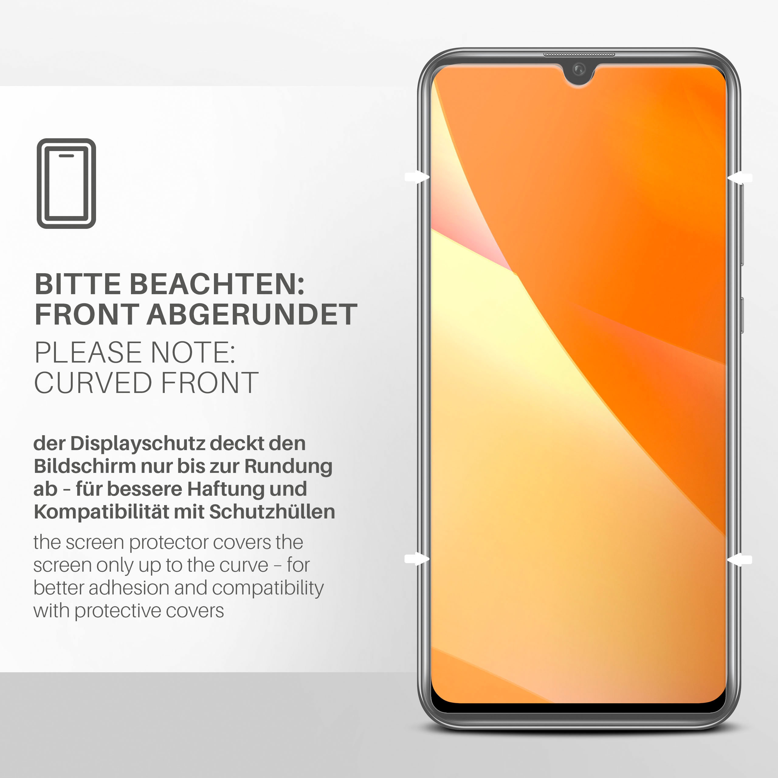 Ein Displayschutz wird auf ein Telefon gelegt. Der Schutz bedeckt den Bildschirm bis zur Rundung.