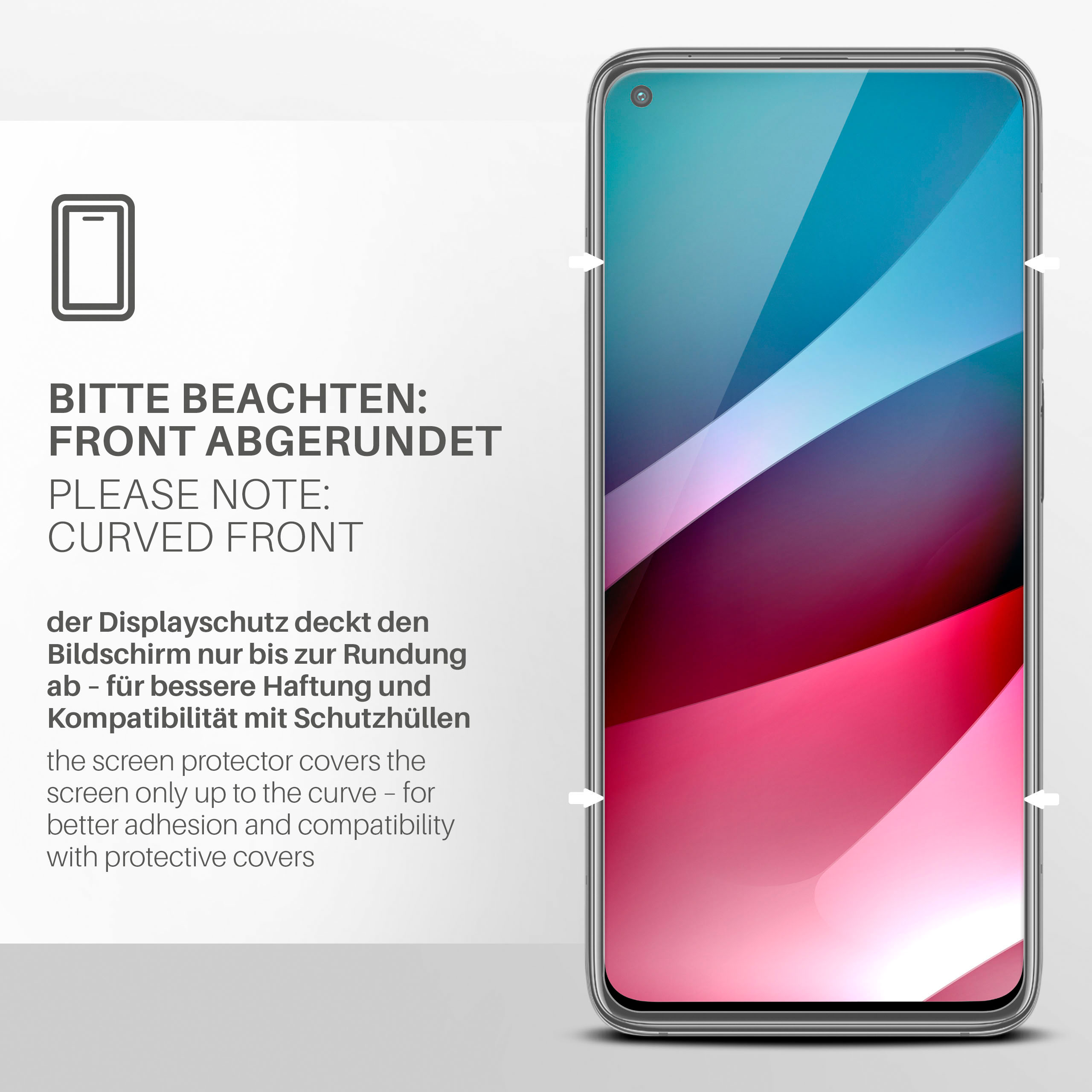 Ein Smartphone-Bildschirm mit abgerundeter Front, der einen Displayschutz und die abgerundeten Kanten zeigt.