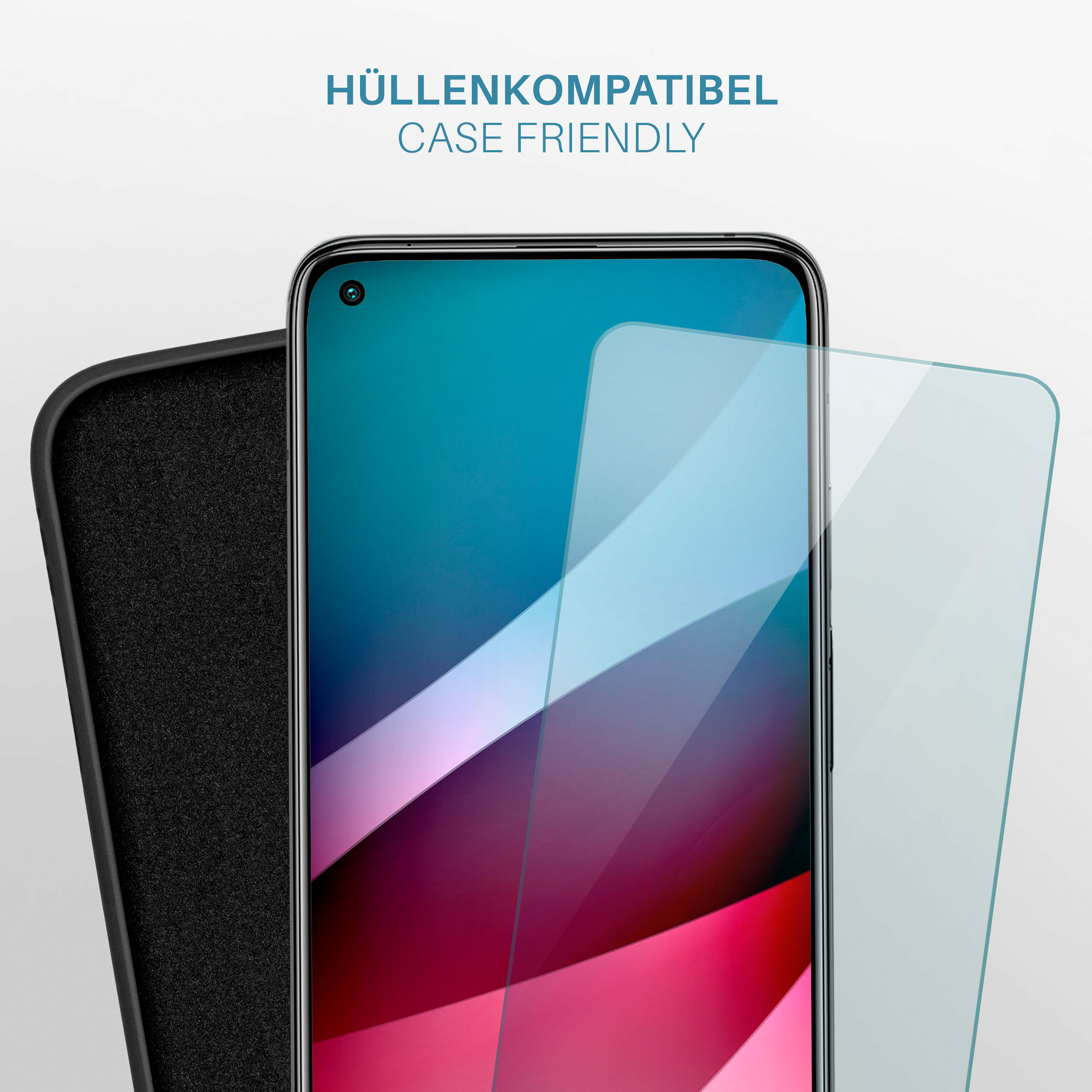 Telefon mit angebrachter Displayschutzfolie und einer Hülle daneben. Text: 'Case friendly'.