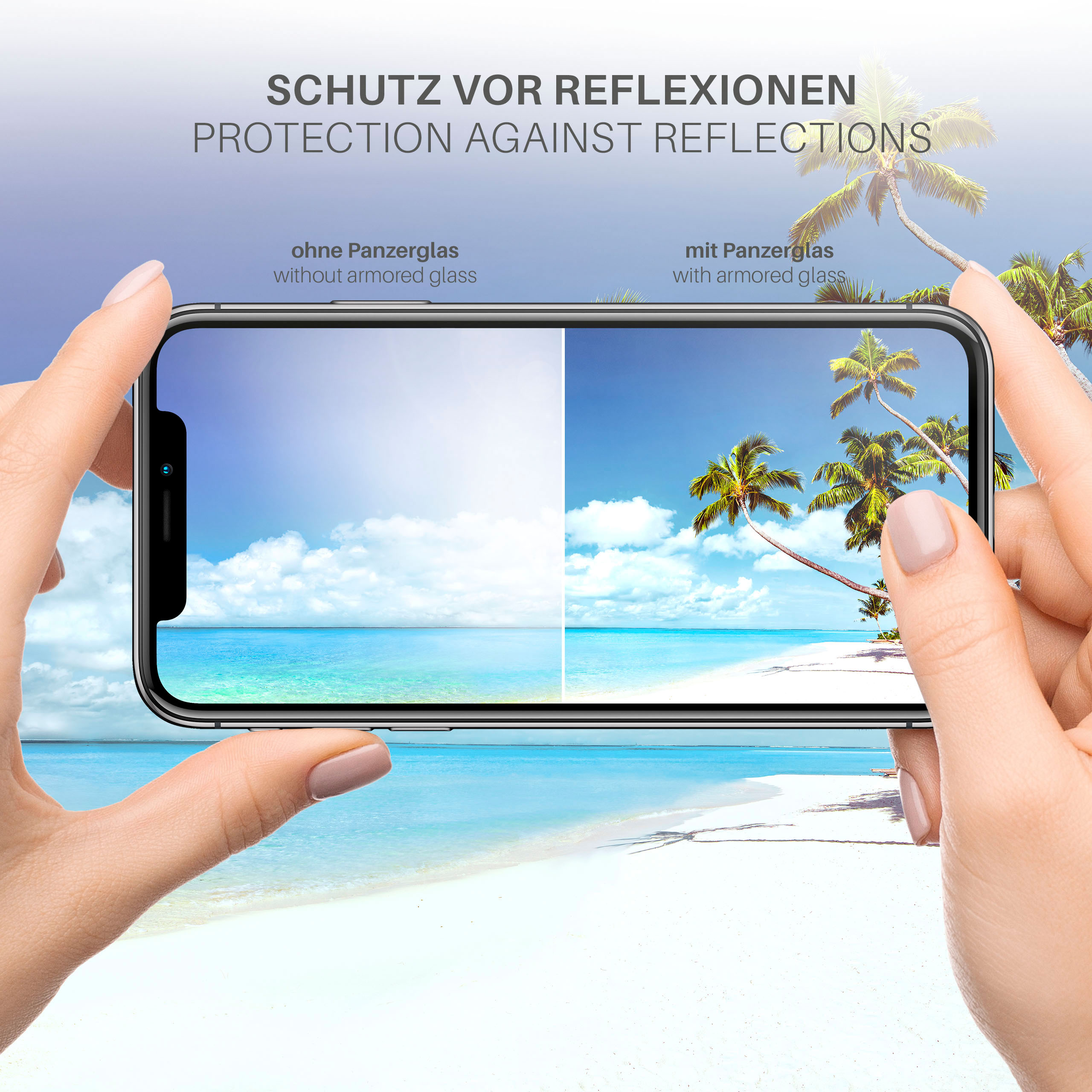Ein Telefon zeigt eine Strandszene, vergleicht ohne und mit Panzerglas, gehalten von Händen.