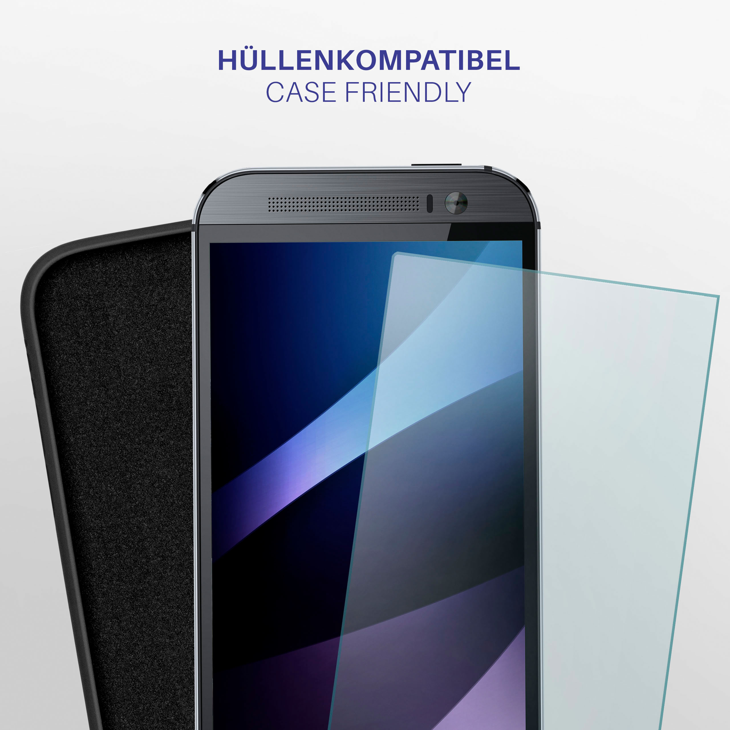 Ein Telefonbildschirm mit Hülle und einem Displayschutz daneben.