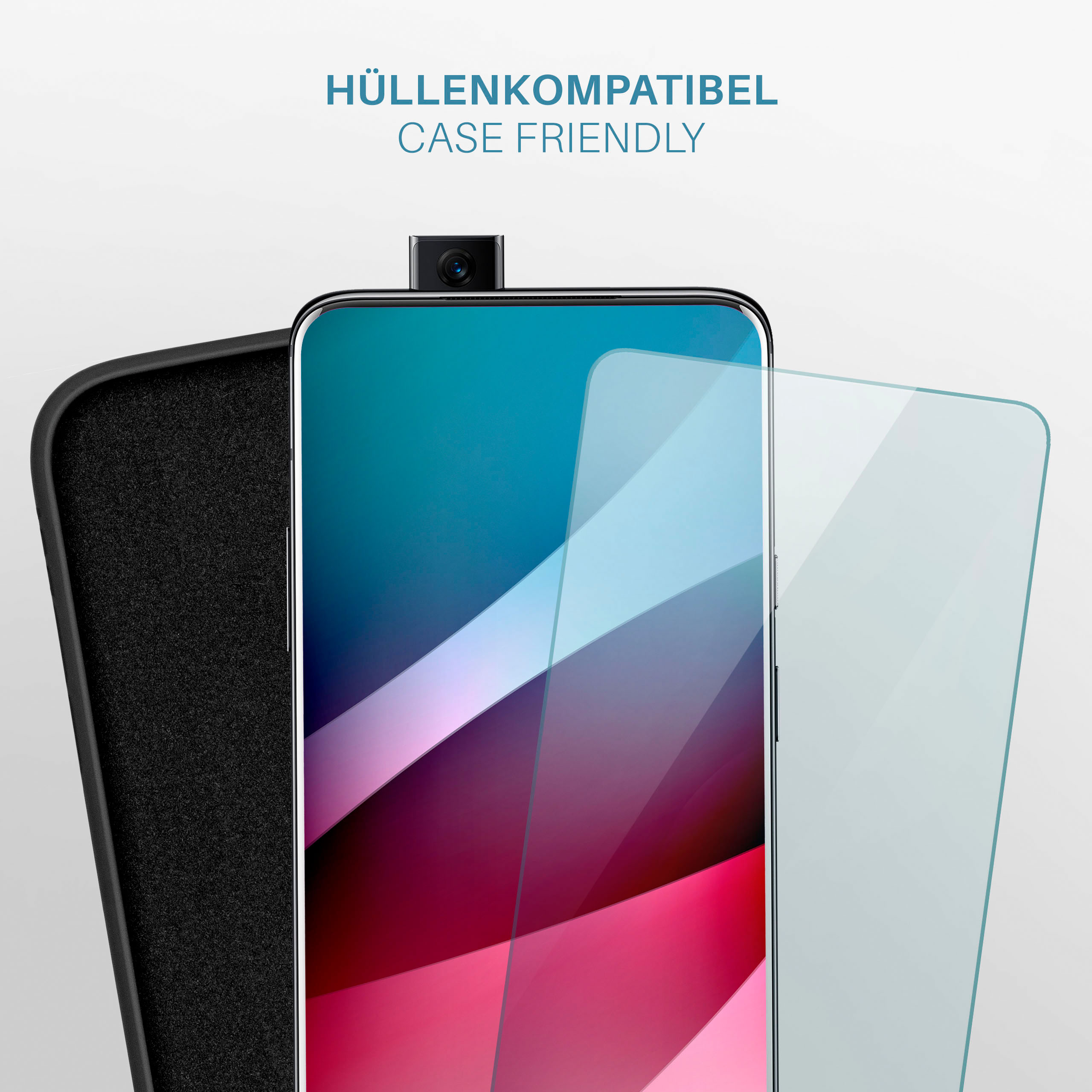 Telefon mit Displayschutz und Hülle, mit schwarzer Hülle und weißem Hintergrund.