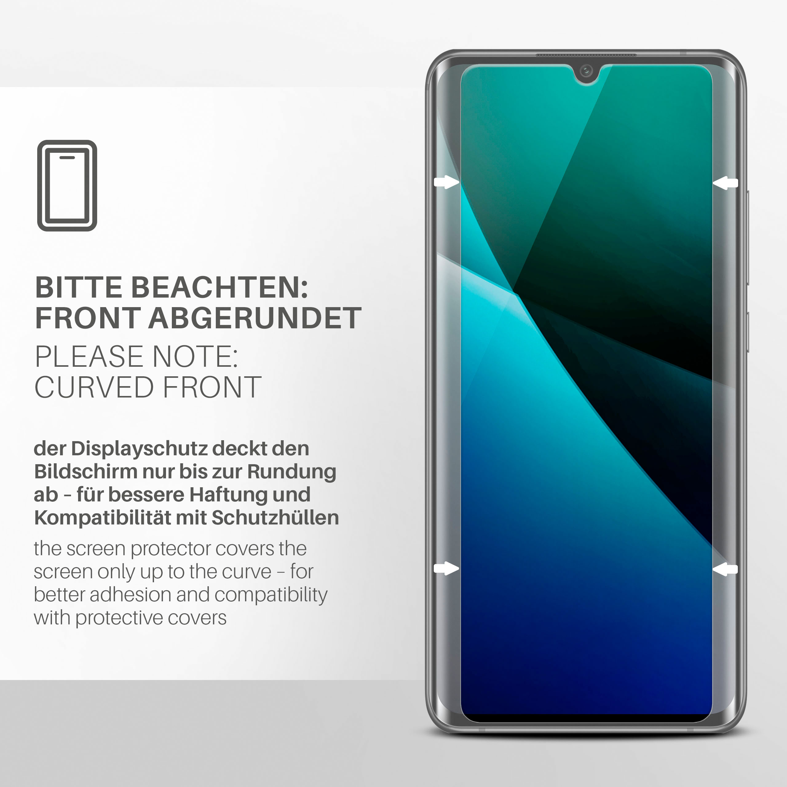 Ein Displayschutz auf einem Telefon, mit Pfeilen und Text. Text: Gebogene Front.