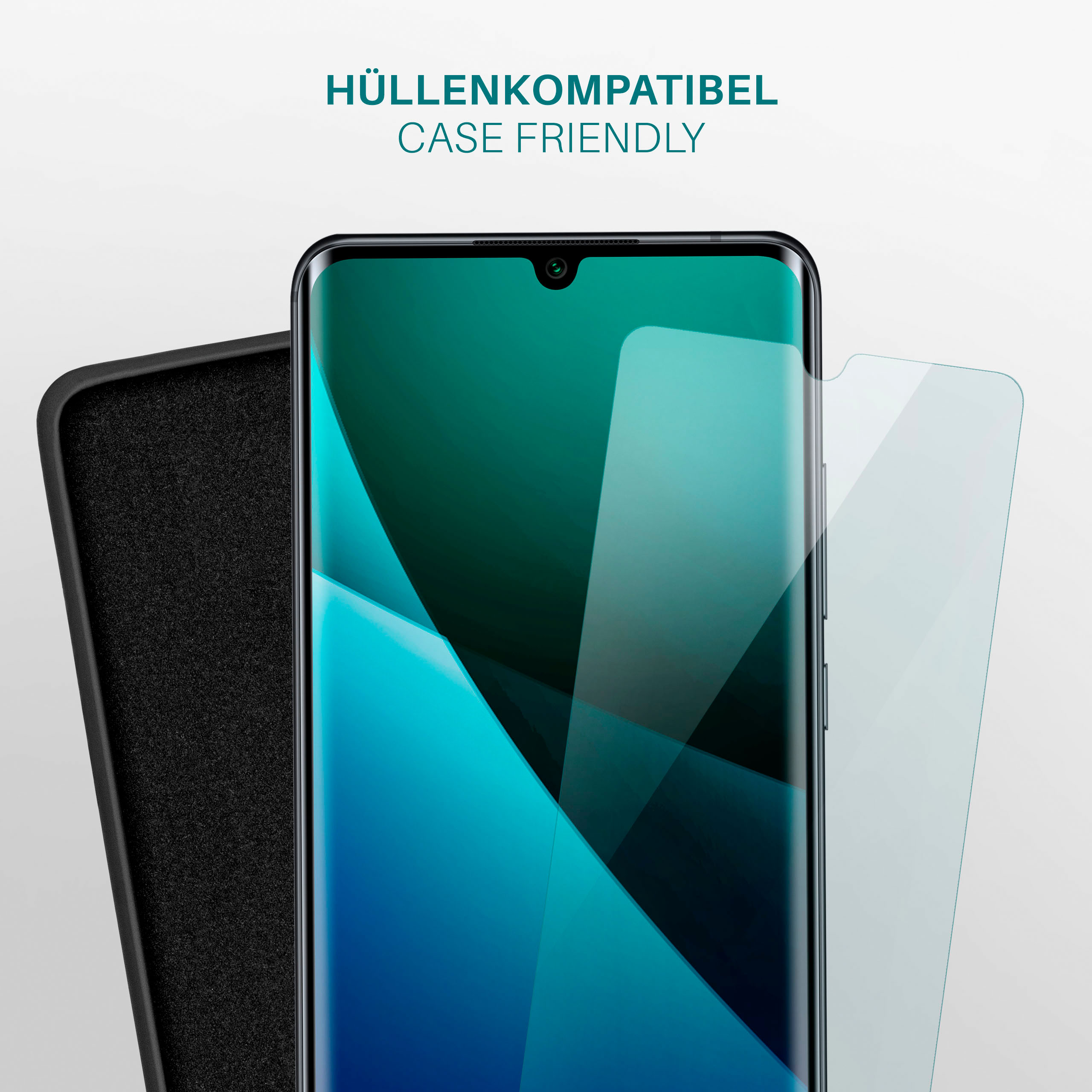 Telefon mit Displayschutz und Hülle. Die Hülle ist schwarz, der Bildschirm hat einen blauen Verlauf.