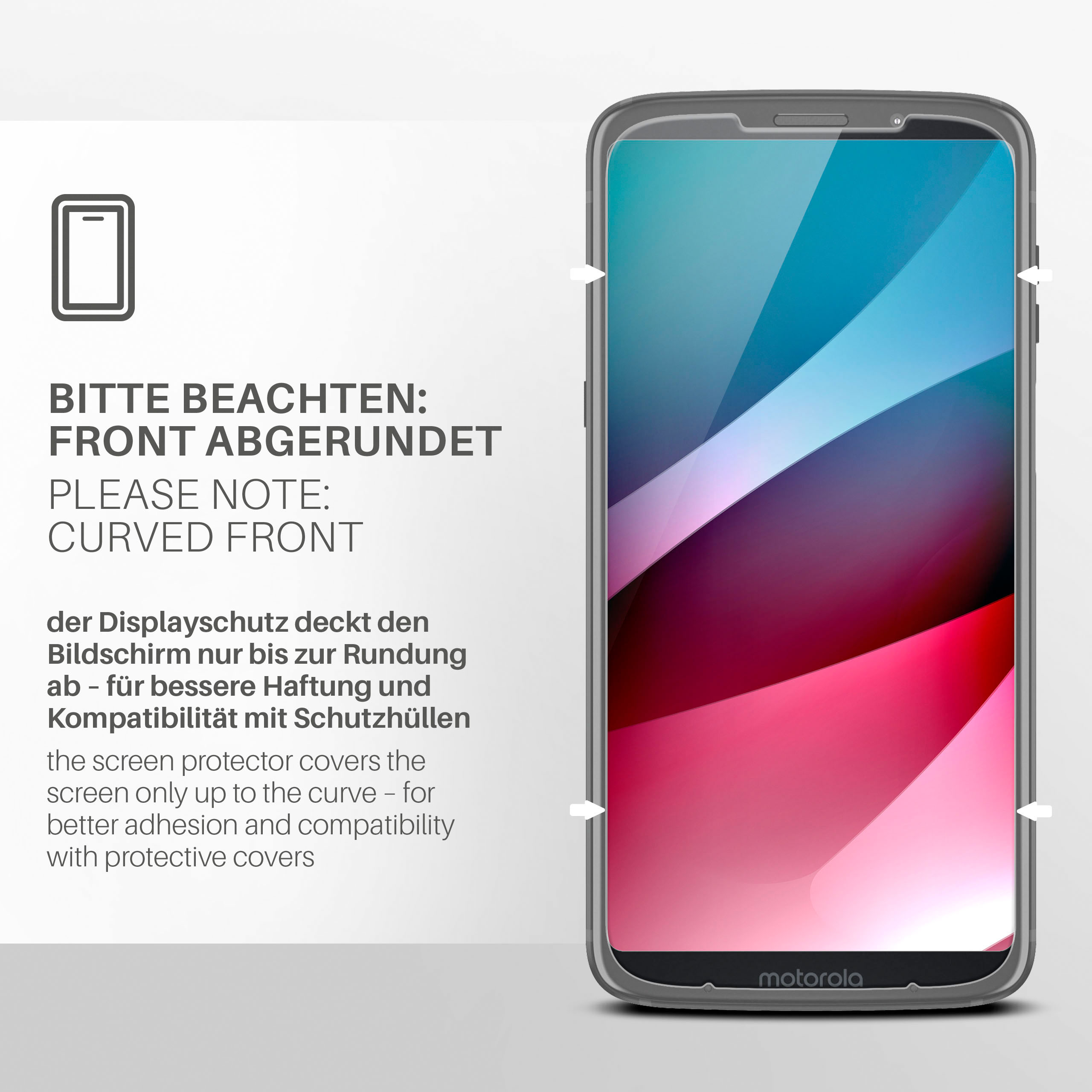 Ein Telefon in einer Hülle. Text über die gekrümmte Vorderseite. Weiße Pfeile. Grauer Rahmen. Blau-roter Hintergrund.