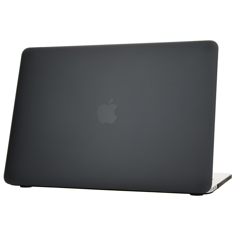 Schwarzes Macbook Pro mit Apple-Logo auf weißem Hintergrund.