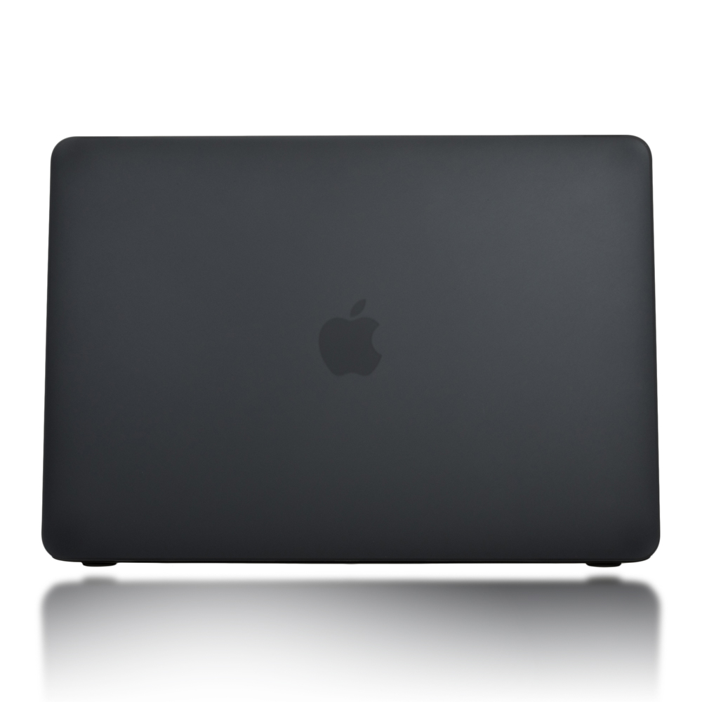 Die Rückseite eines dunkelgrauen Laptops mit einem Apple-Logo auf weißem Hintergrund mit Schatten.