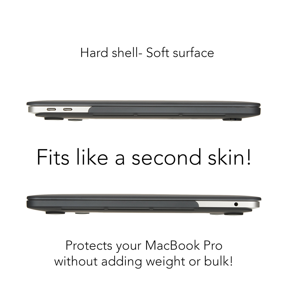 Zwei MacBook Pro-Seitenansichten, ein graues Gehäuse, der Text lautet: Hartschale - Weiche Oberfläche. Passt wie eine zweite Haut!