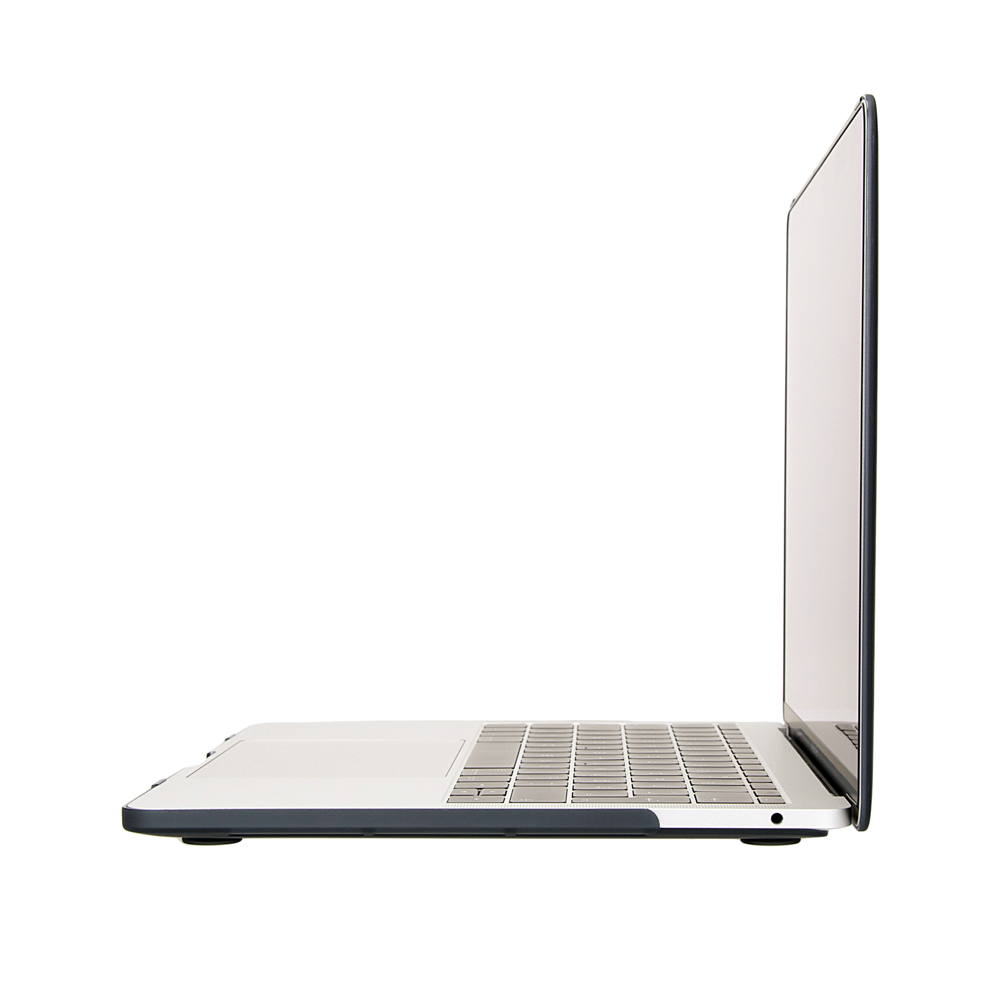Seitenansicht eines Laptops, die Tastatur, den Bildschirm und die Unterseite zeigend.