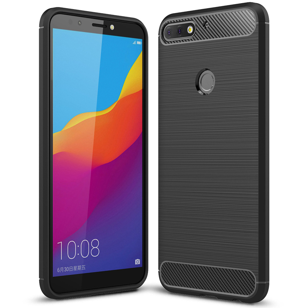 Schwarzes Telefon mit Hülle. Hülle im schwarzen Carbonfaser-Design. Weißer Hintergrund.